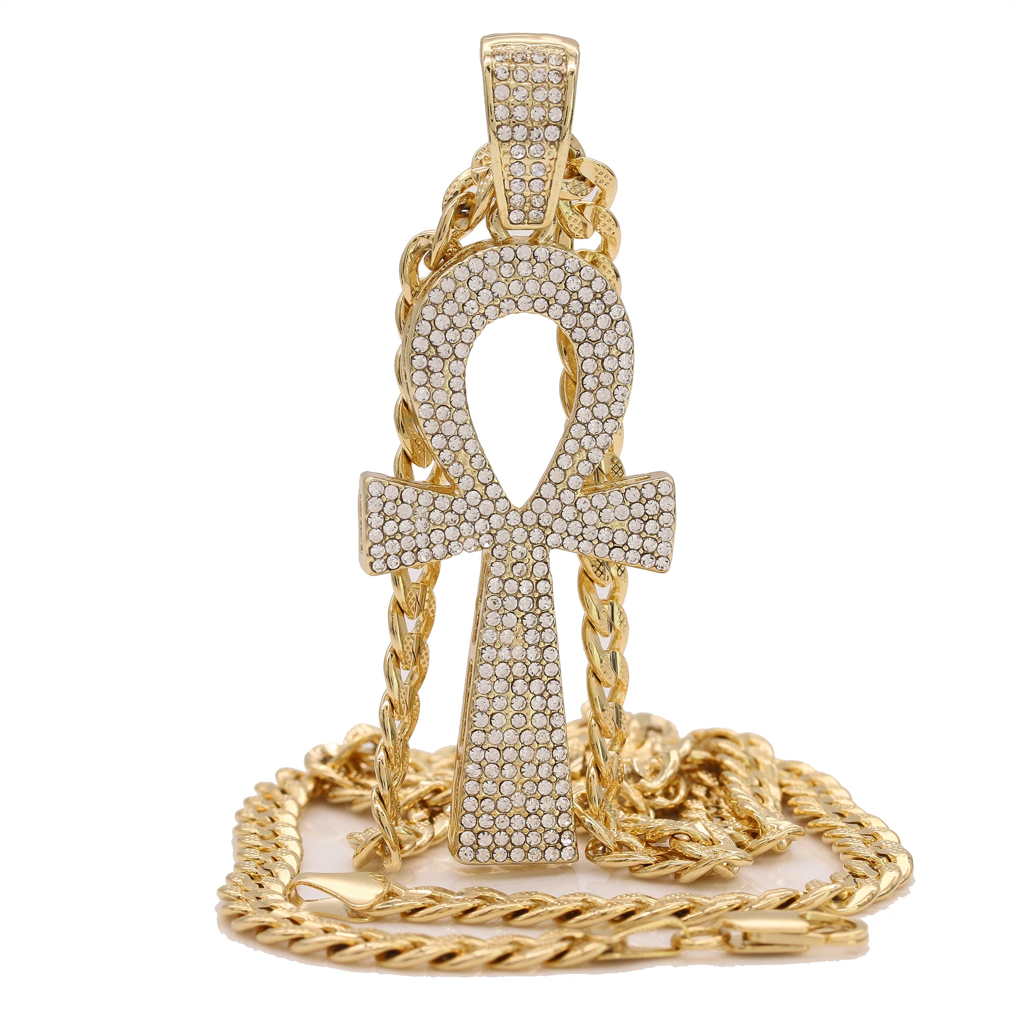 14k Gold Plated Thick Layer Egyptian Ankh Pendant 24" Frost Cuban Chain