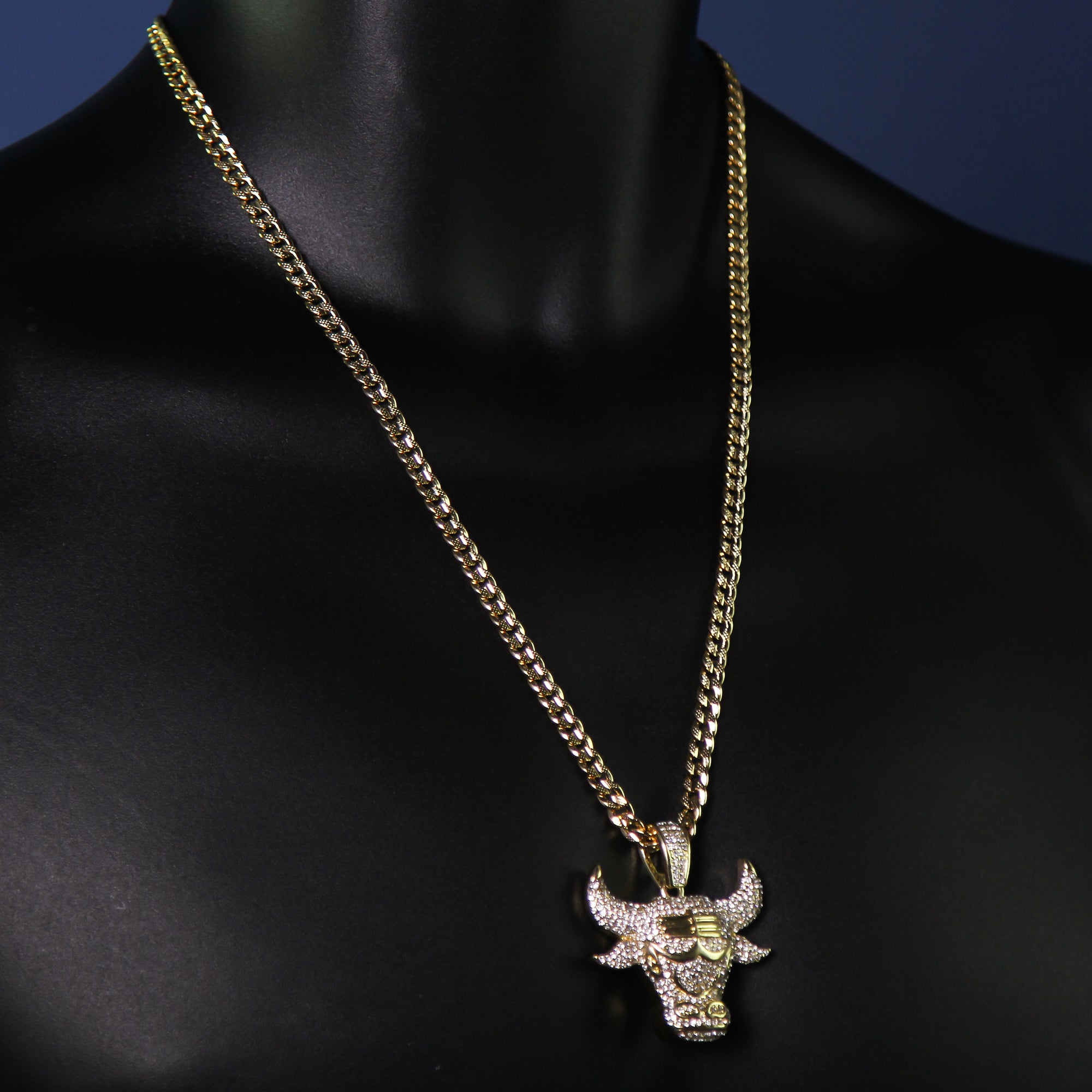 14k Gold Plated Thick Layer Bull Pendant 24" Frost Cuban Chain Necklace