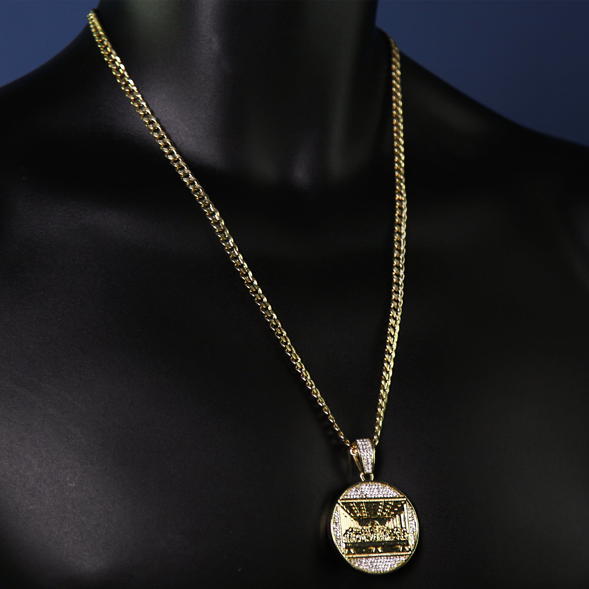 14k Gold Plated Thick Layer Round Last Supper Pendant 24" Frost Cuban Chain