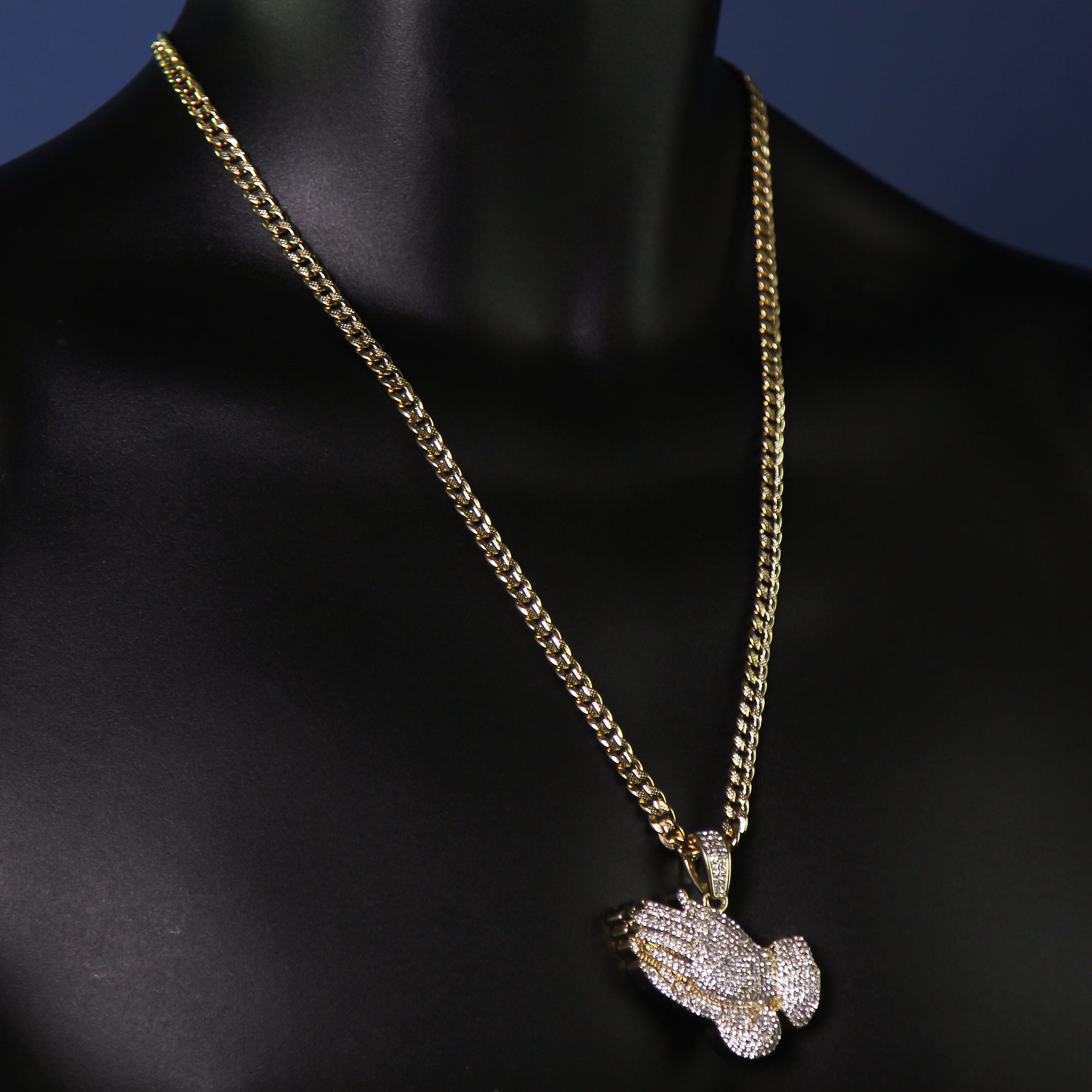 14k Gold Plated Thick Layer Prayer Hands Pendant 24" Frost Cuban Chain
