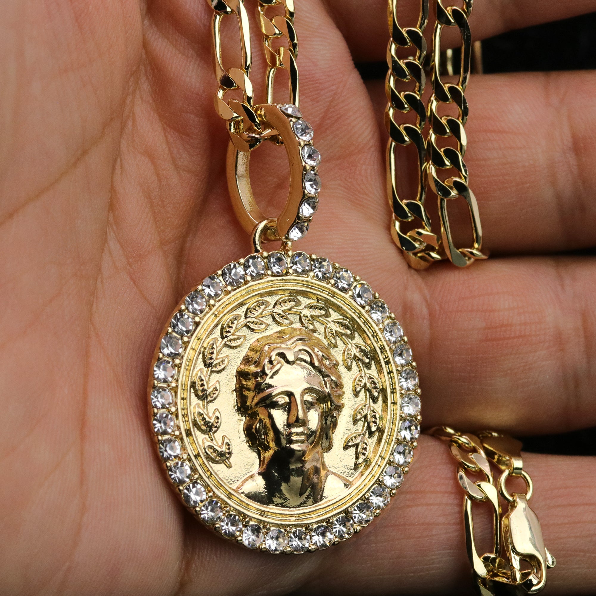 Cz Round Ancient Greek Pendant 24" Figaro Chain Hip Hop Style 18k Gold Plated