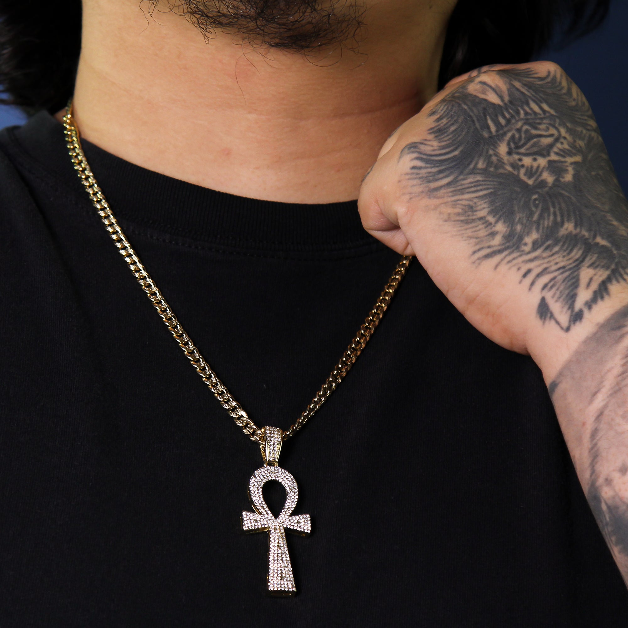 14k Gold Plated Thick Layer Egyptian Ankh Pendant 24" Frost Cuban Chain