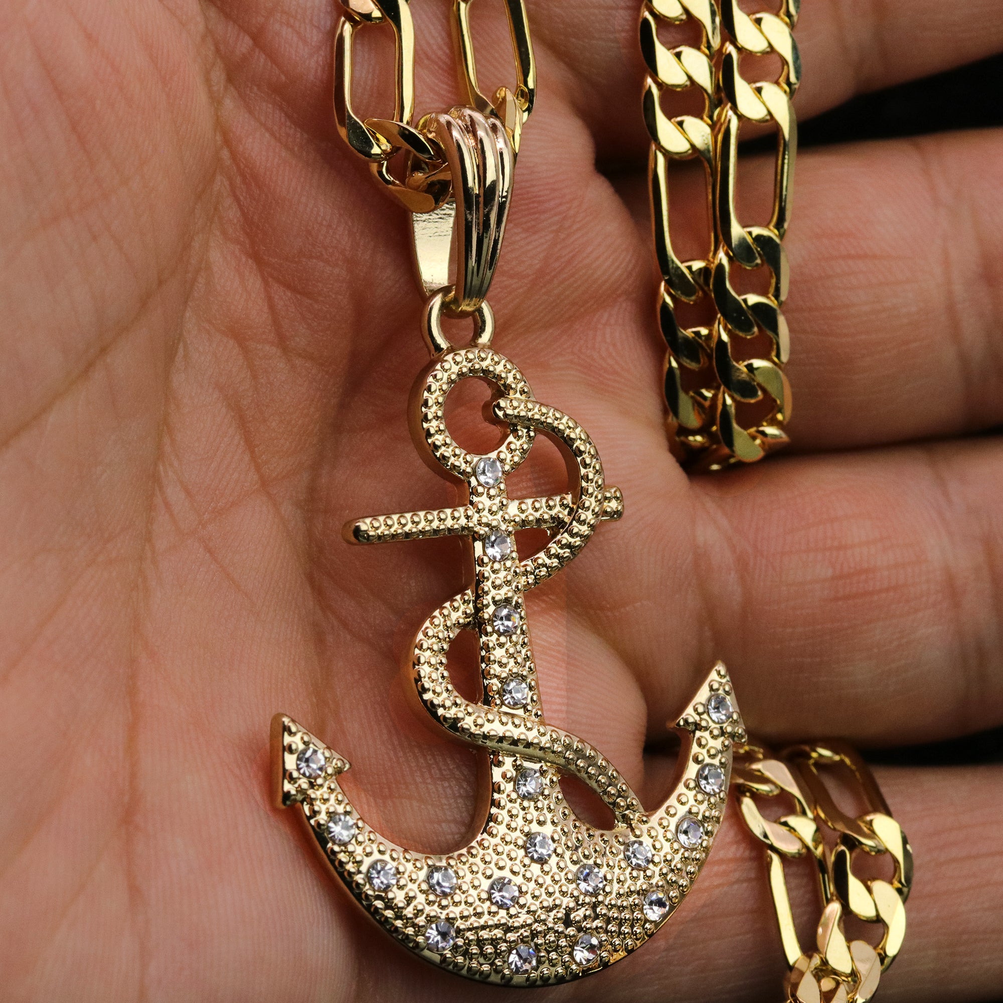 Cz Snake Anchor Pendant 24" Figaro Chain Hip Hop Style 18k Gold Plated
