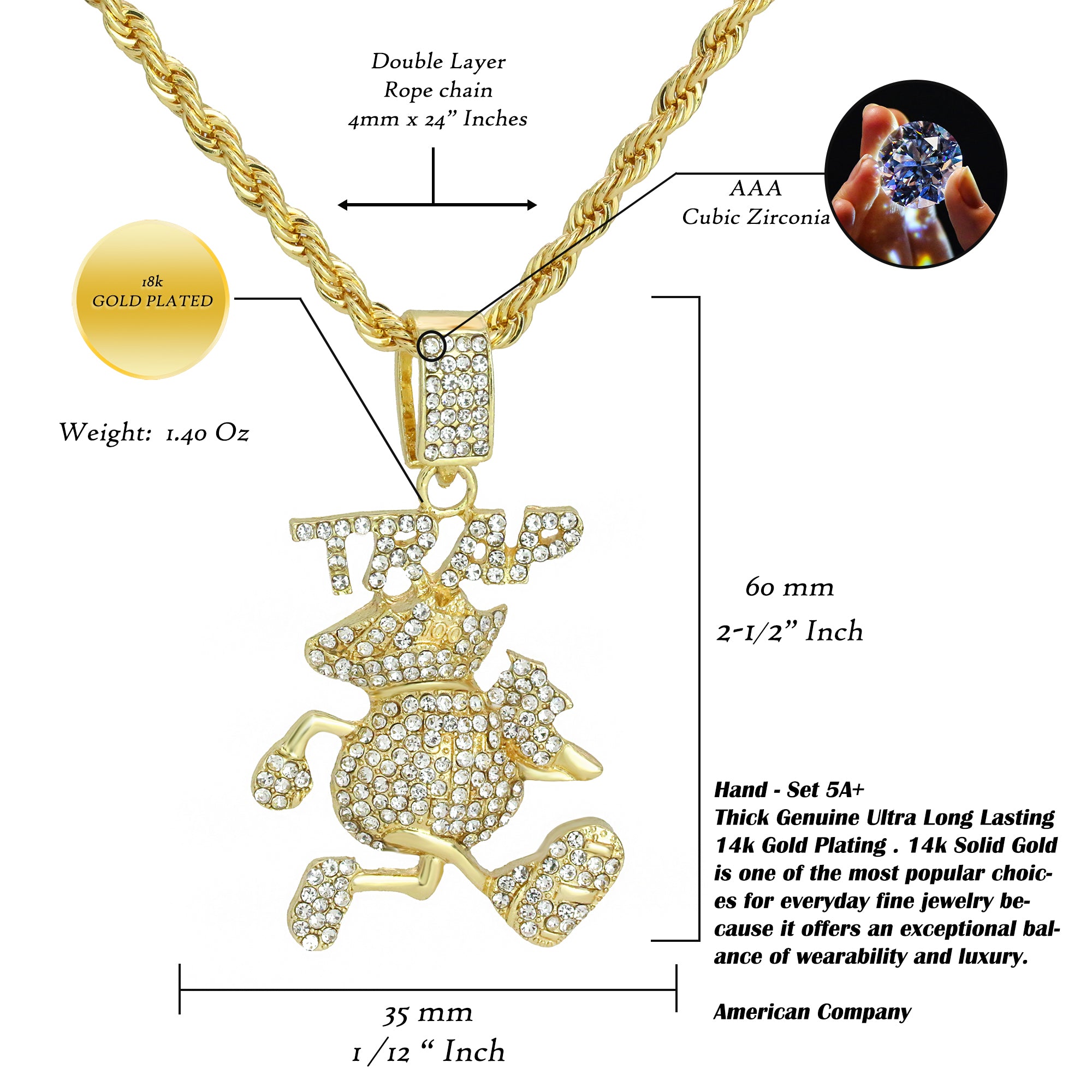 Trap Money Bag Pendant Rope Necklace Chain Men's Hip Hop 18k Cz Jewelry