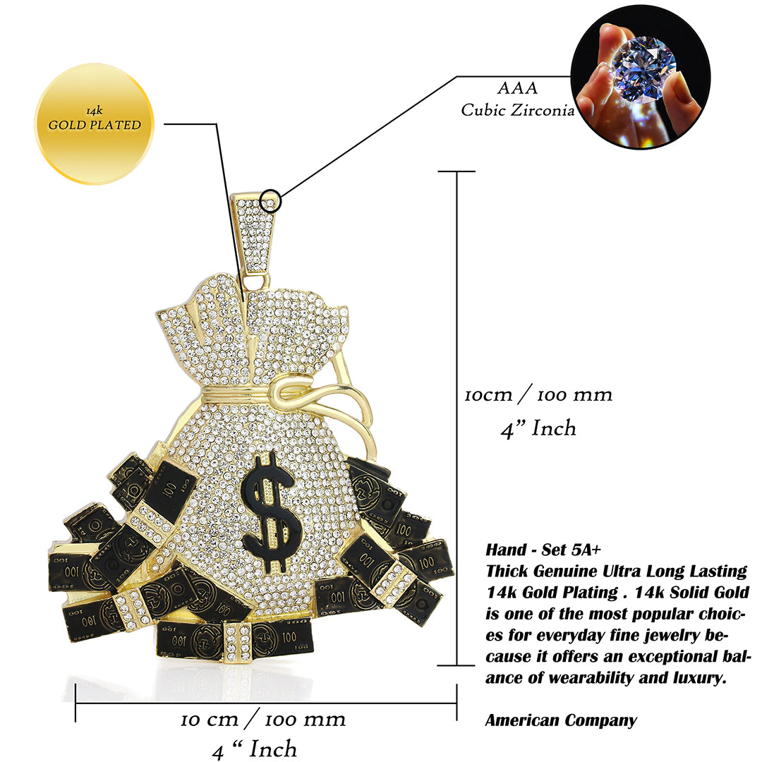XXL Big Money Bag Pendant & 16mm Iced Cuban Chain – 4" Hip Hop Bling