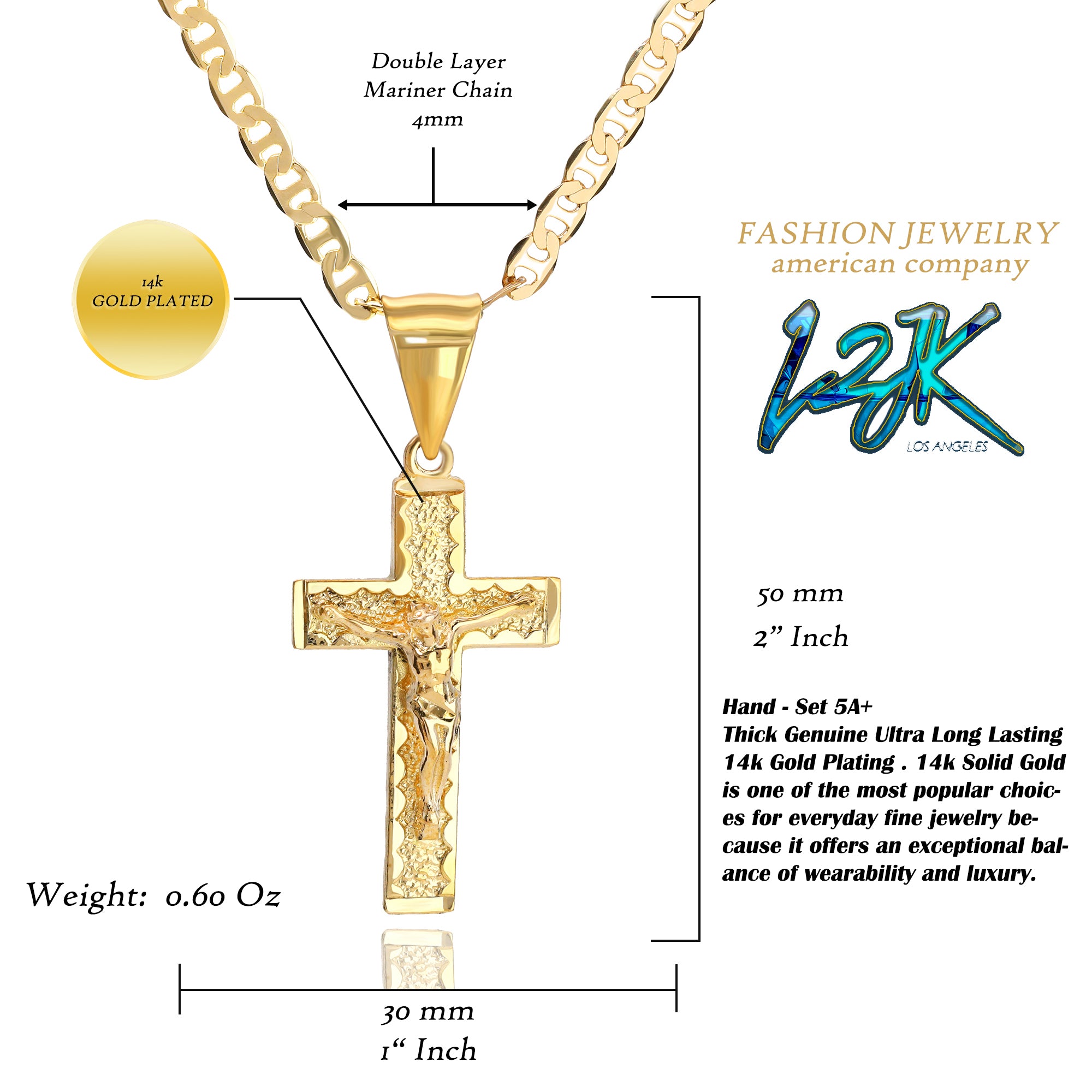 Jesus Cross Nugget Pendant 01 Mariner Chain 20" Gold Plated