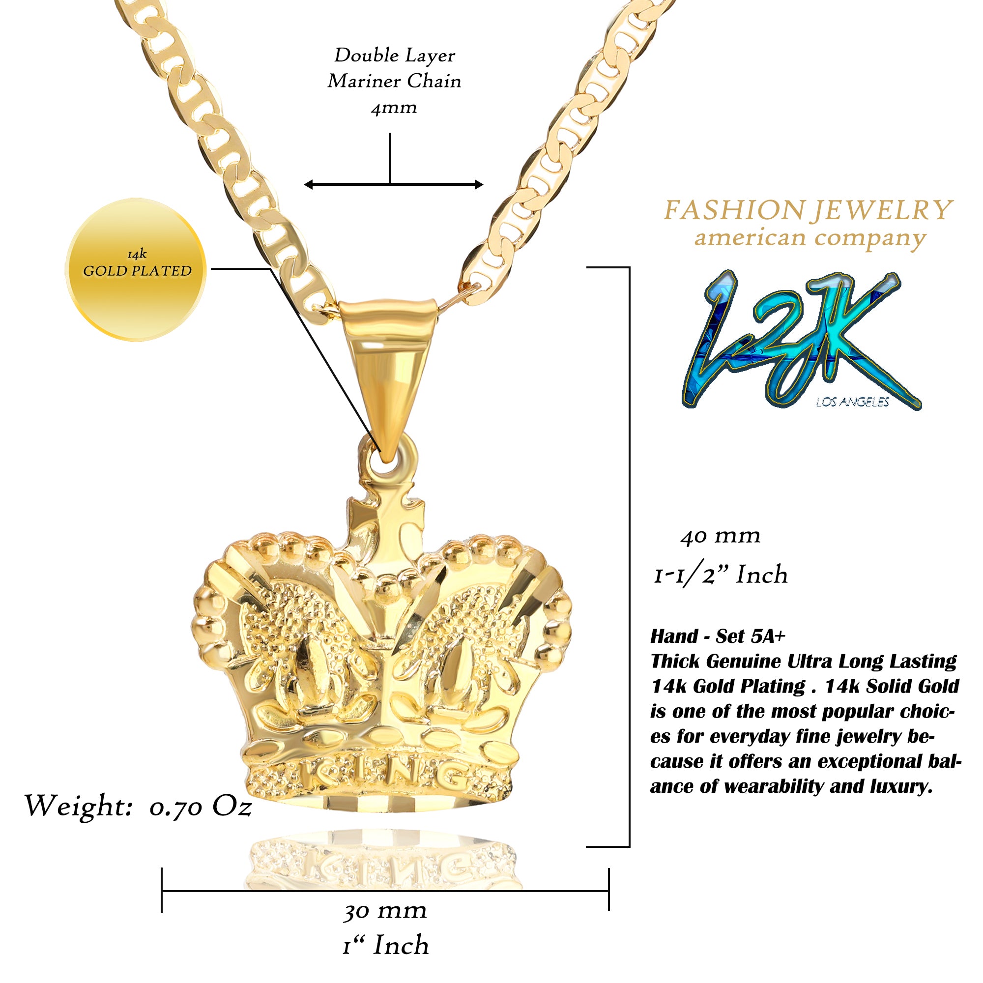 King Crown Pendant Mariner Chain 14k Gold Plated