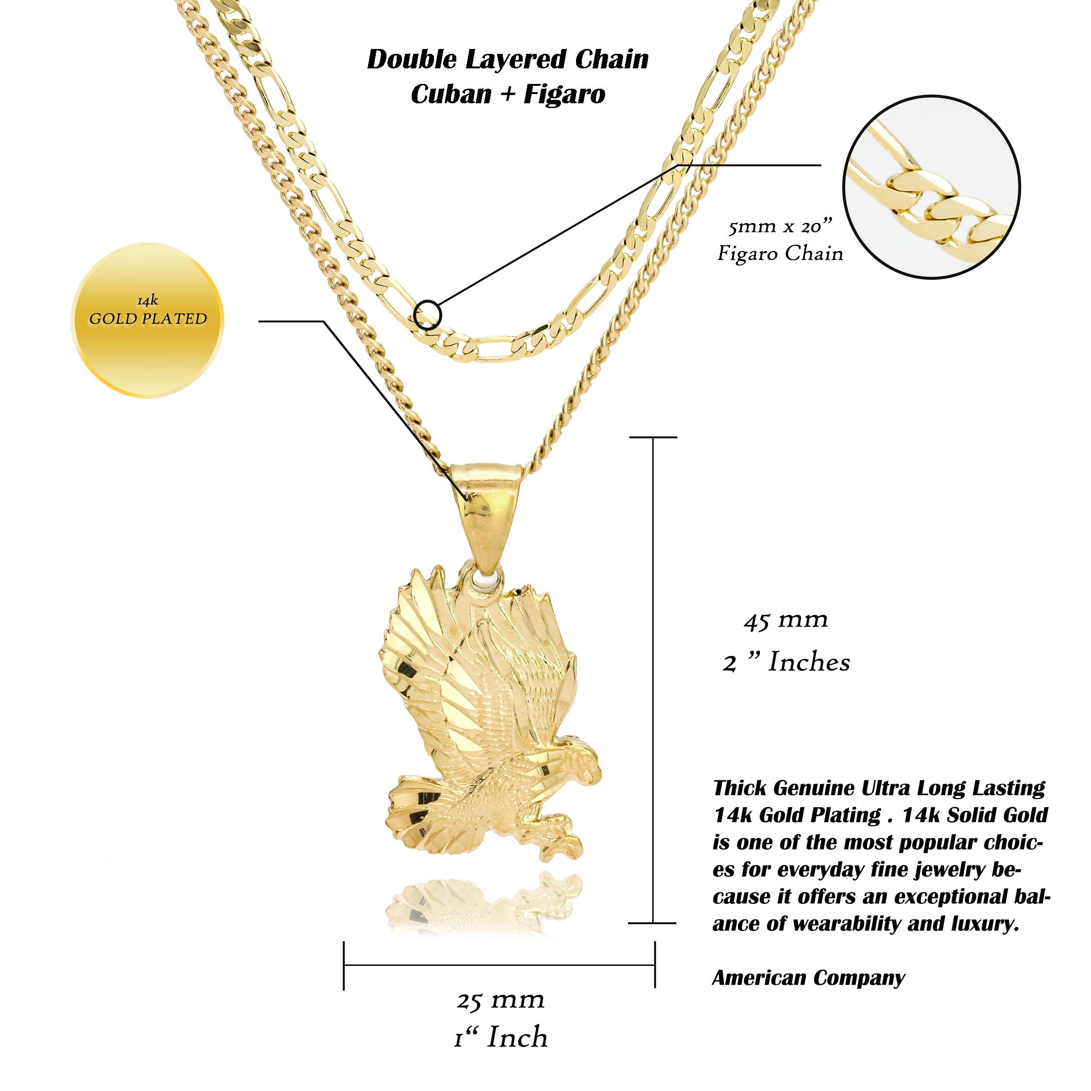 Eagle Diamond Cut Pendant Cuban / Franco Choker Chain 14k Gold Plated