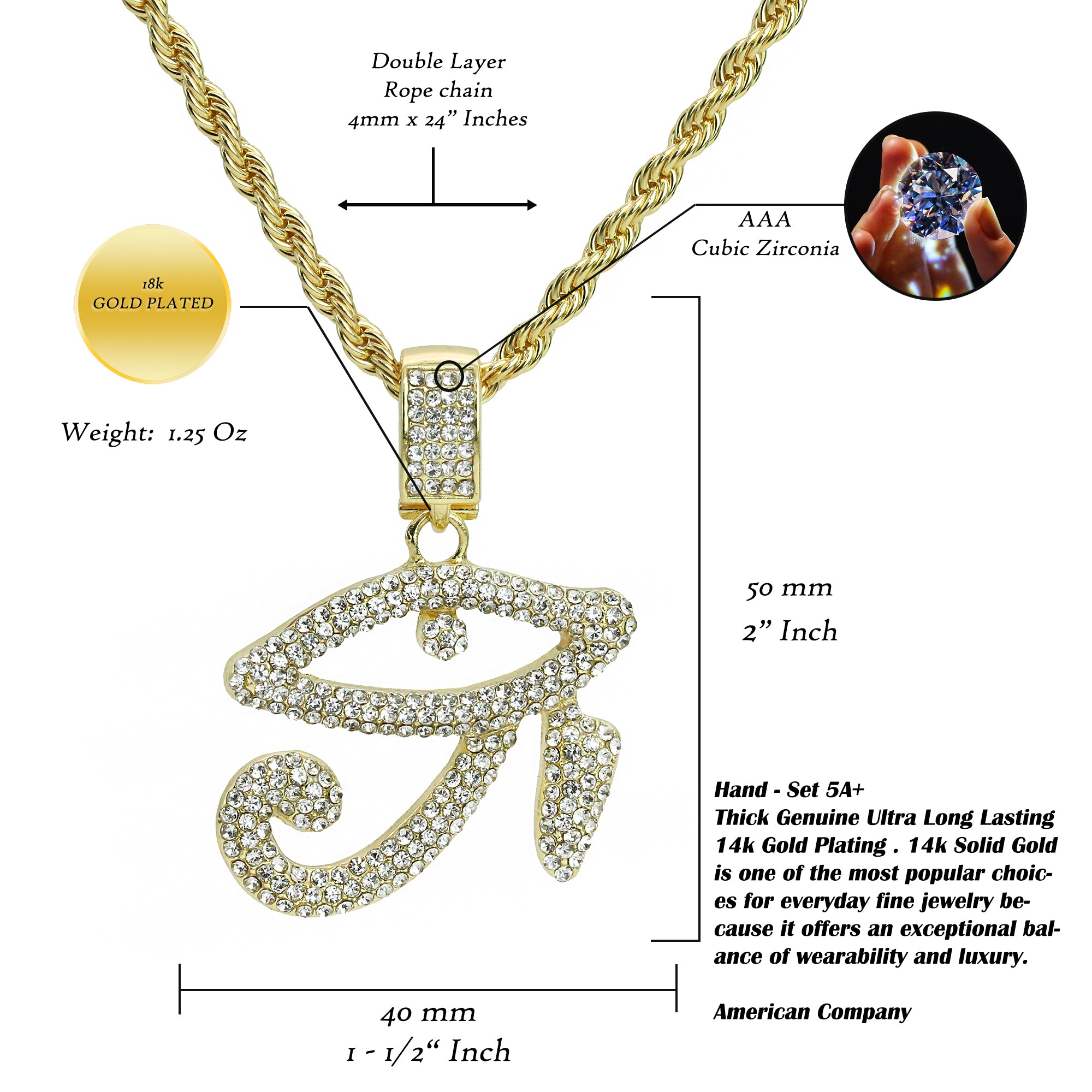 Eye Of Ra Pendant Rope Necklace Chain Men's Hip Hop 18k Cz Jewelry