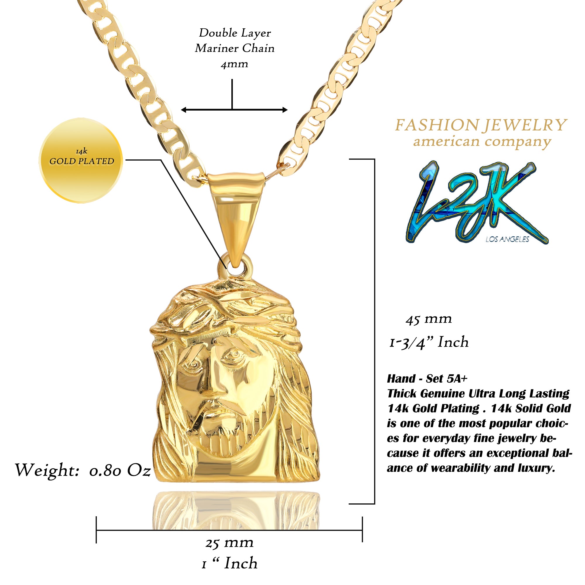 Jesus Face Pendant 01 Mariner Chain 20" Gold Plated