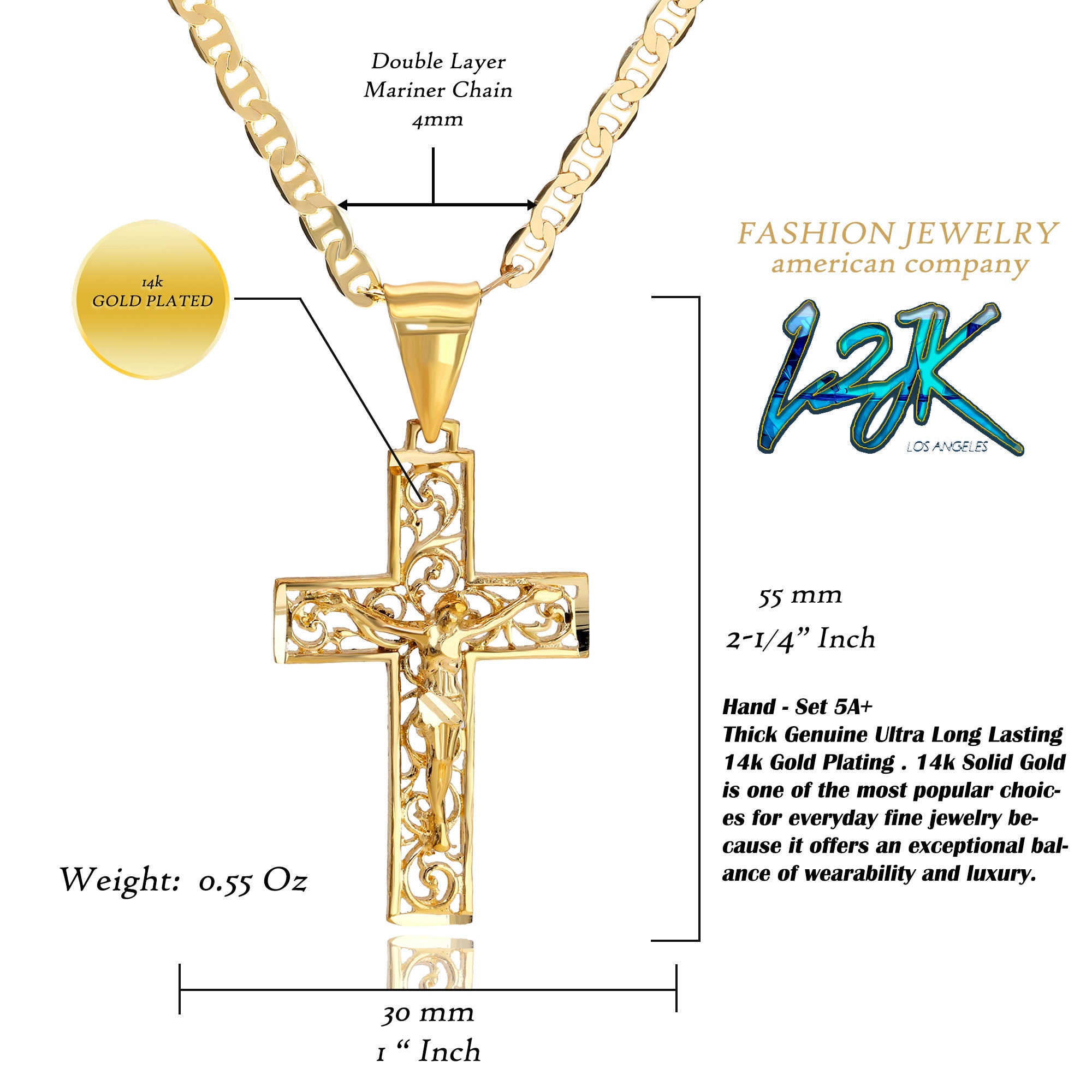 Hollow Cross Pendant Mariner Chain 20" Gold Plated