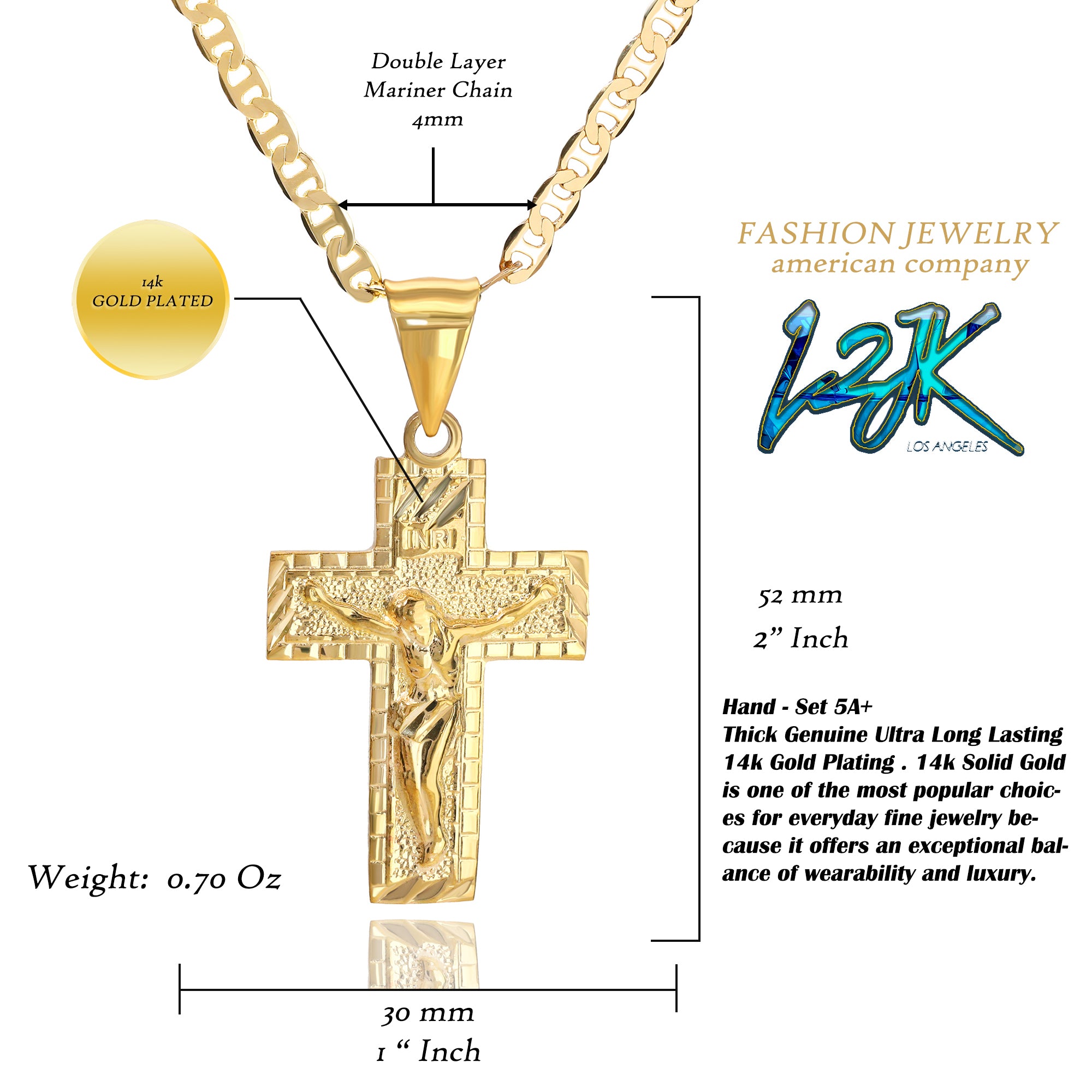 INRI Jesus Cross Pendant Mariner Chain 20" Gold Plated