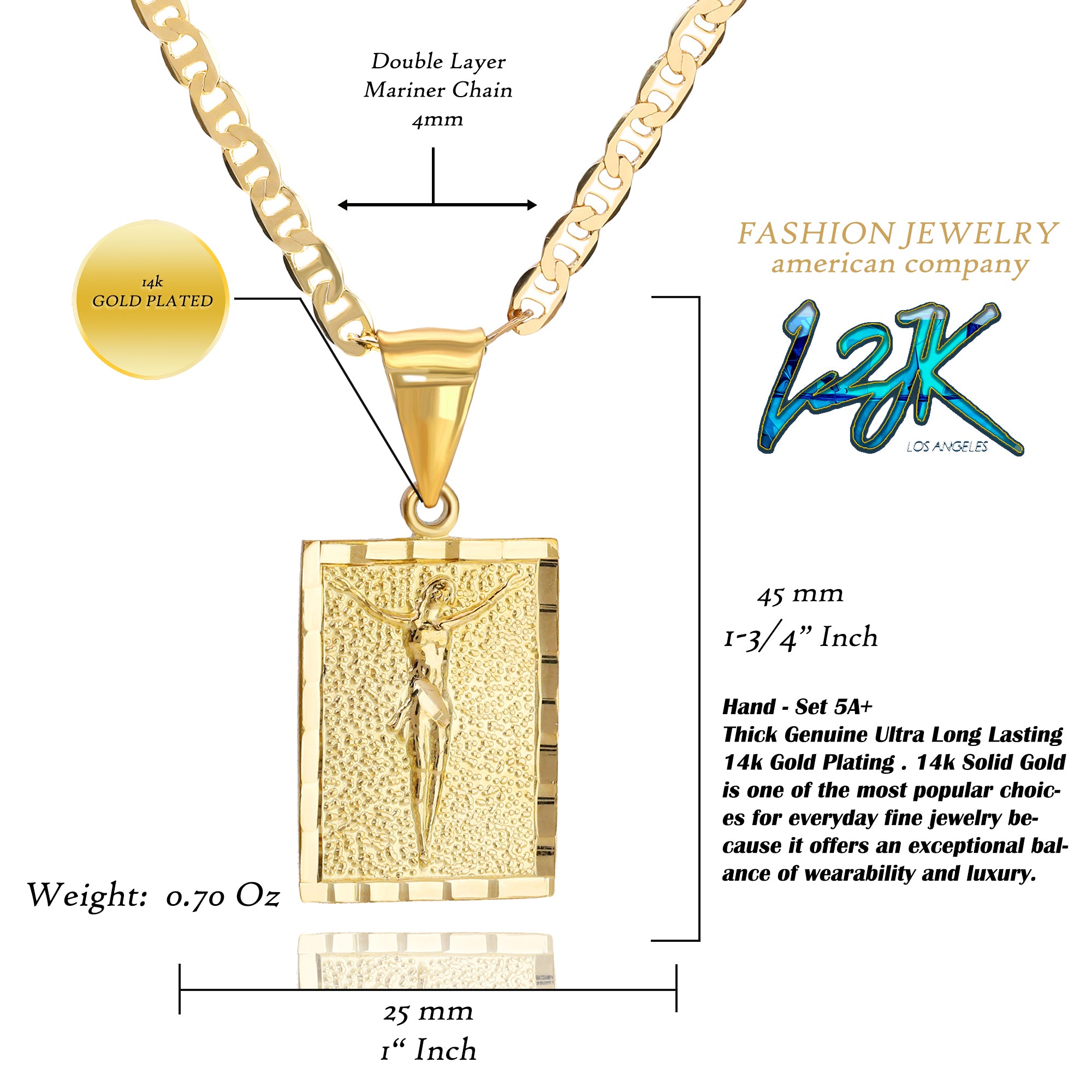 Jesus Block Pendant Mariner Chain 20" Gold Plated