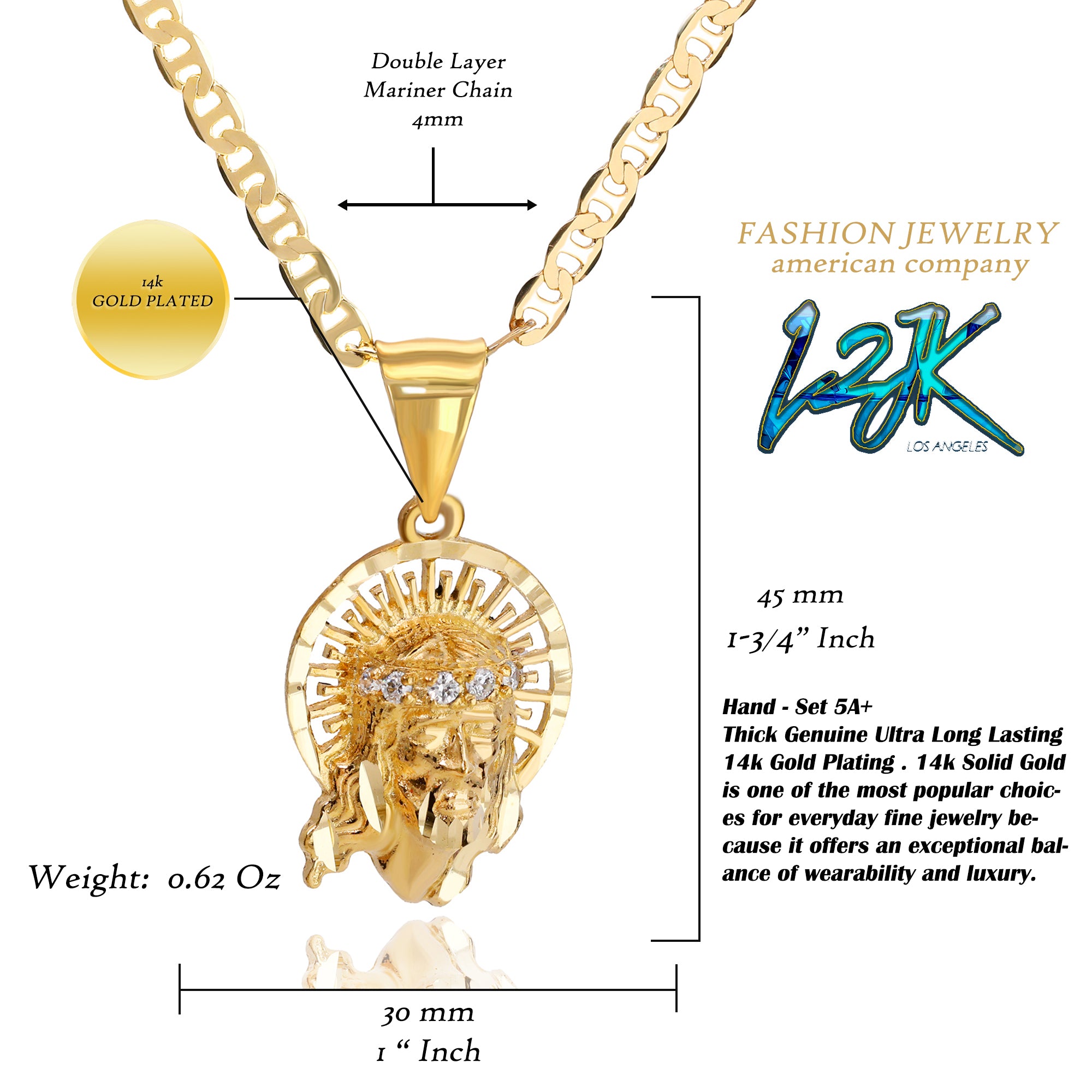 Jesus Halo Face Pendant Mariner Chain 20" Gold Plated