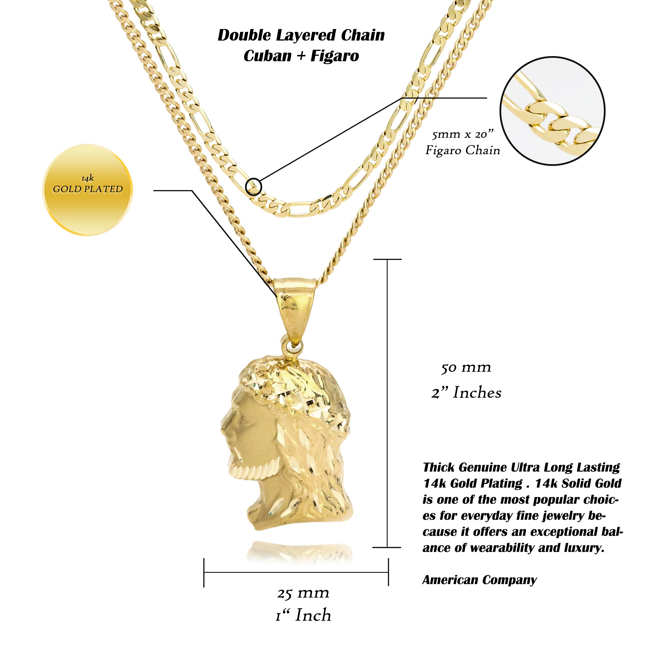 Jesus Curly Hair Diamond Cut Pendant Cuban / Franco Choker Chain 14k Gold Plated