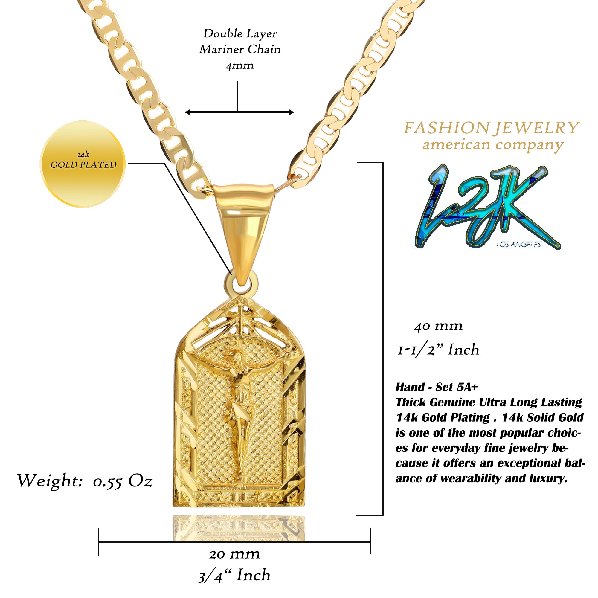 Jesus Temple Pendant 01 Mariner Chain 20" Gold Plated