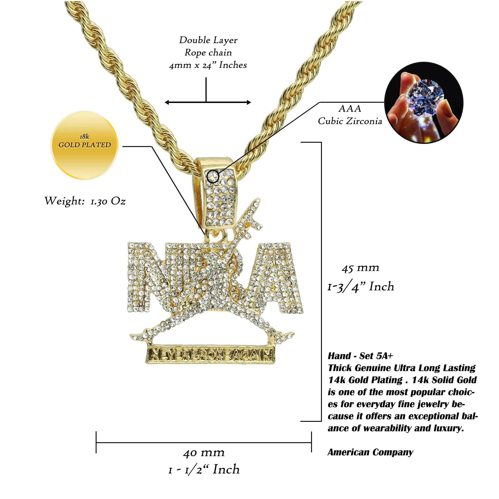 Never Broke Again Pendant Rope Necklace Chain Men's Hip Hop 18k Cz Jewelry