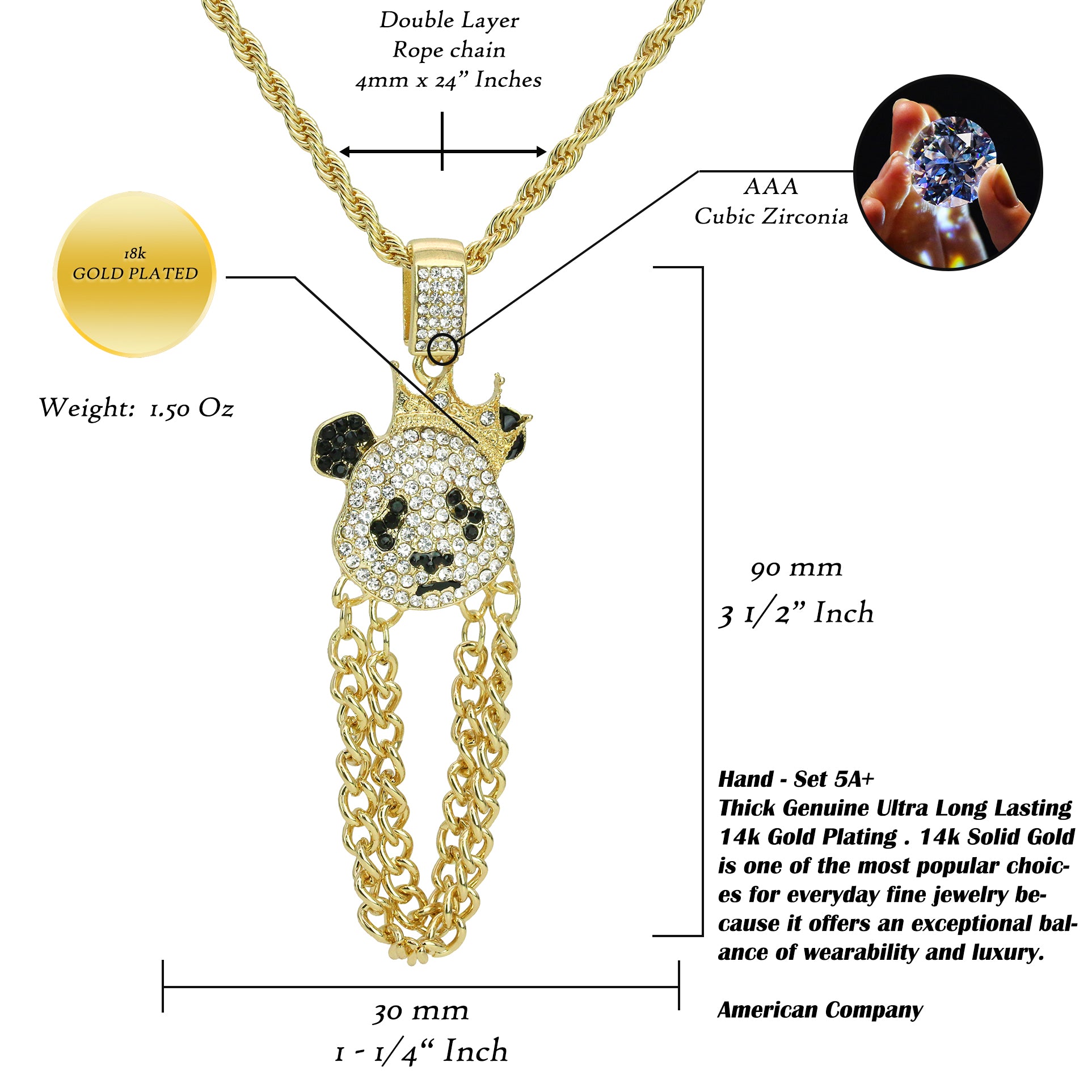 Two Chains Panda Pendant Rope Necklace Chain Men's Hip Hop 18k Cz Jewelry