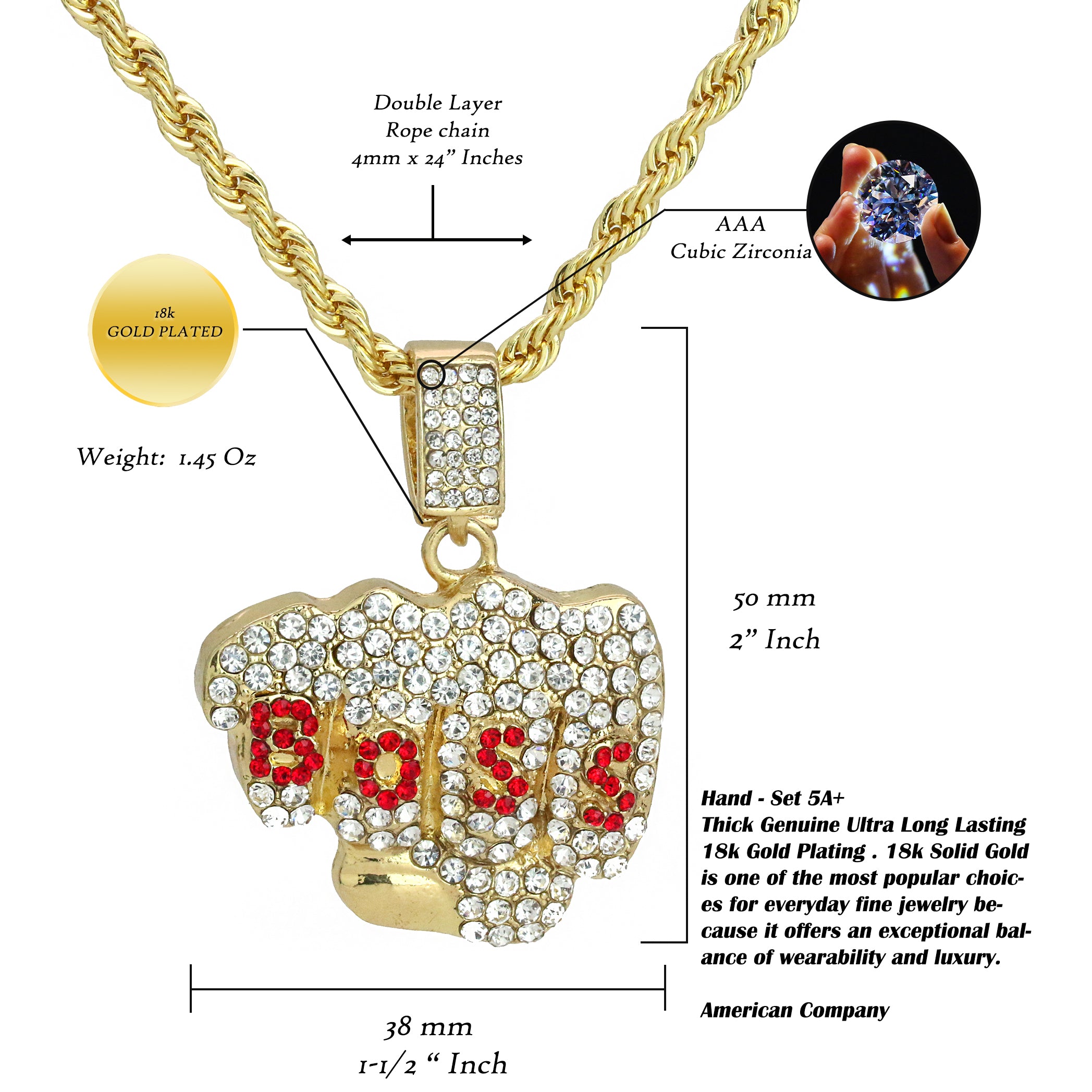 Boss Fist Pendant Rope Necklace Chain Men's Hip Hop 18k Cz Jewelry