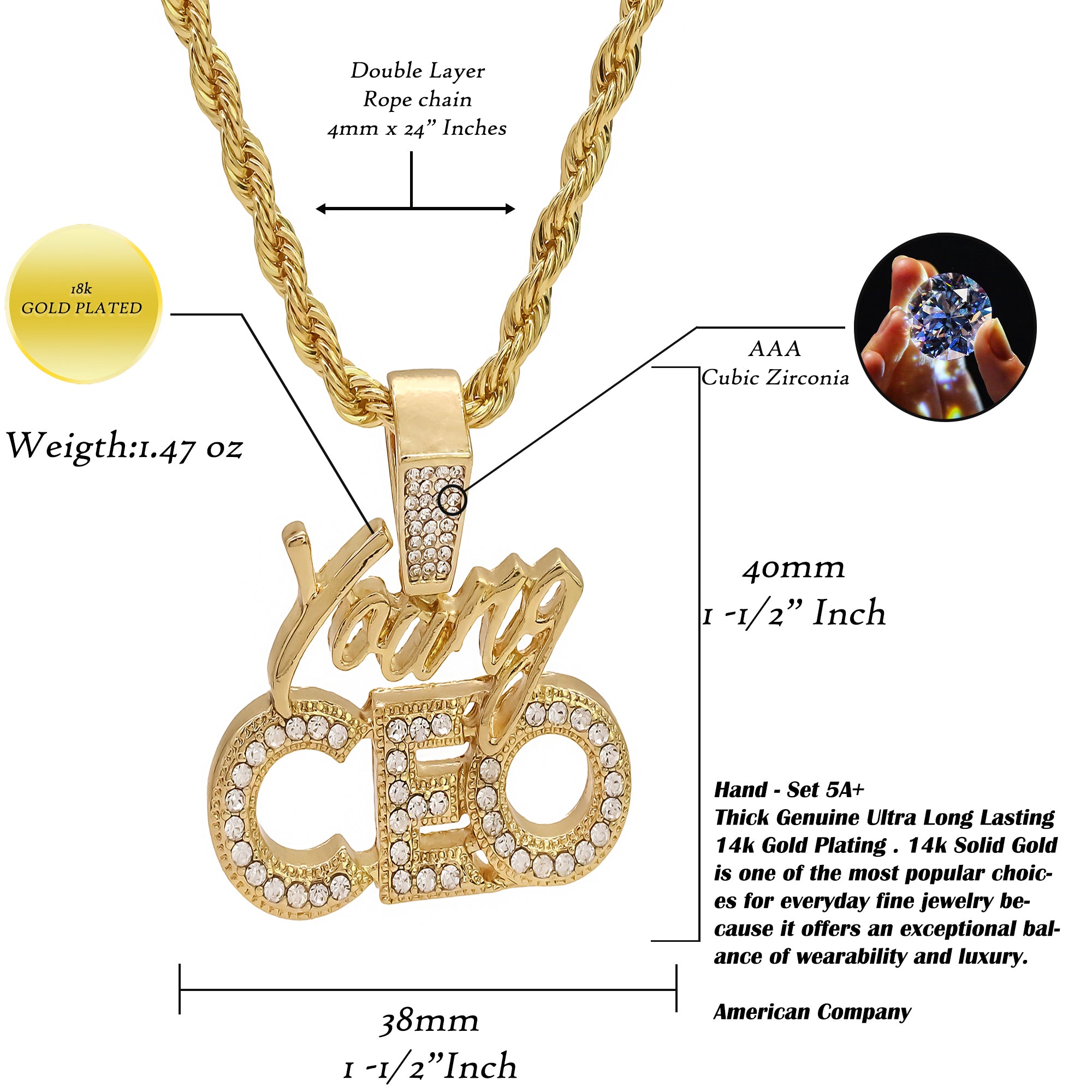 Exquisite Young CEO Pendant Rope Necklace Chain Men's Hip Hop 18k Cz Jewelry