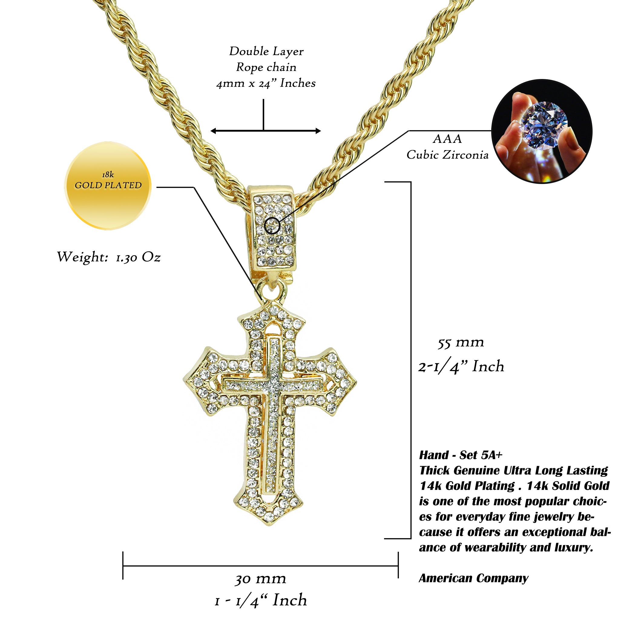 Sharp Cross Pendant Rope Necklace Chain Men's Hip Hop 18k Cz Jewelry