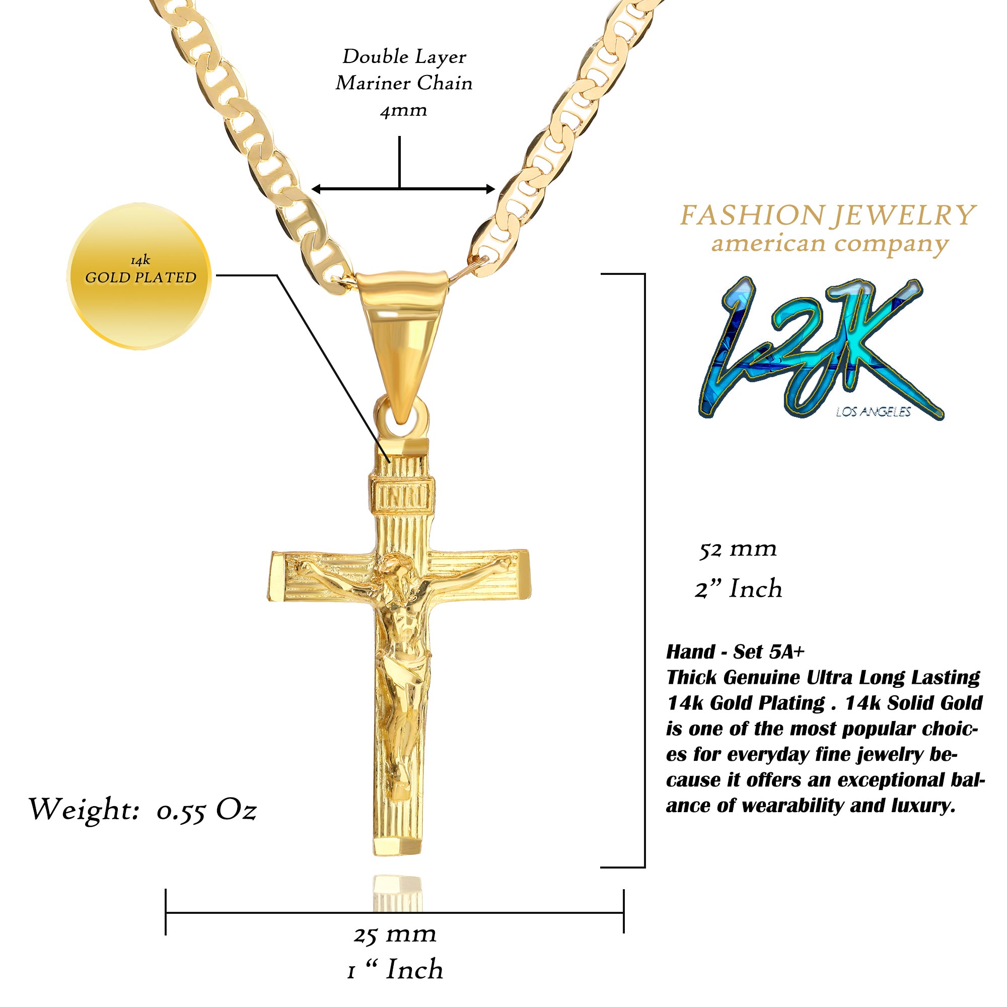 Thin INRI Pendant Mariner Chain 20" Gold Plated