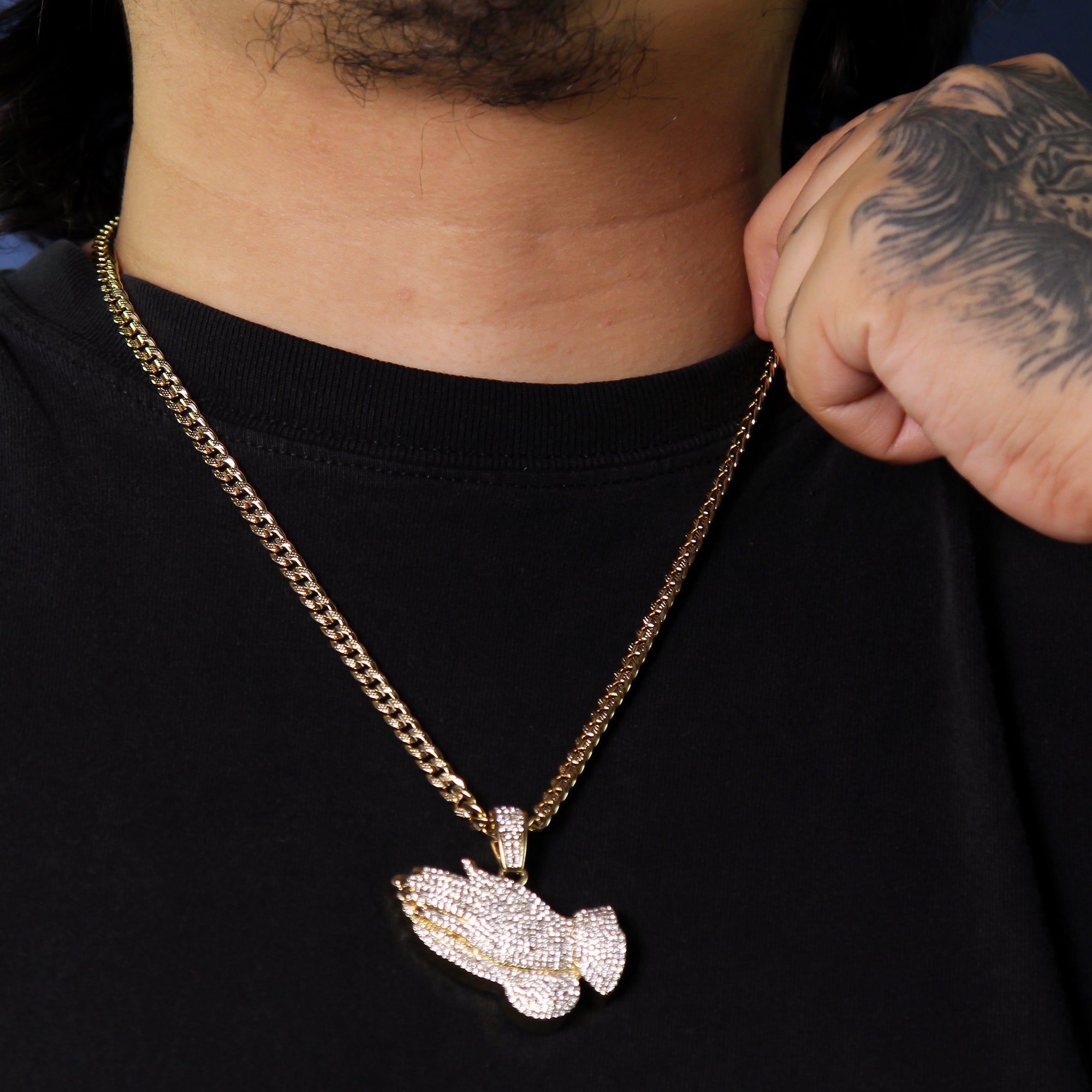 14k Gold Plated Thick Layer Prayer Hands Pendant 24" Frost Cuban Chain