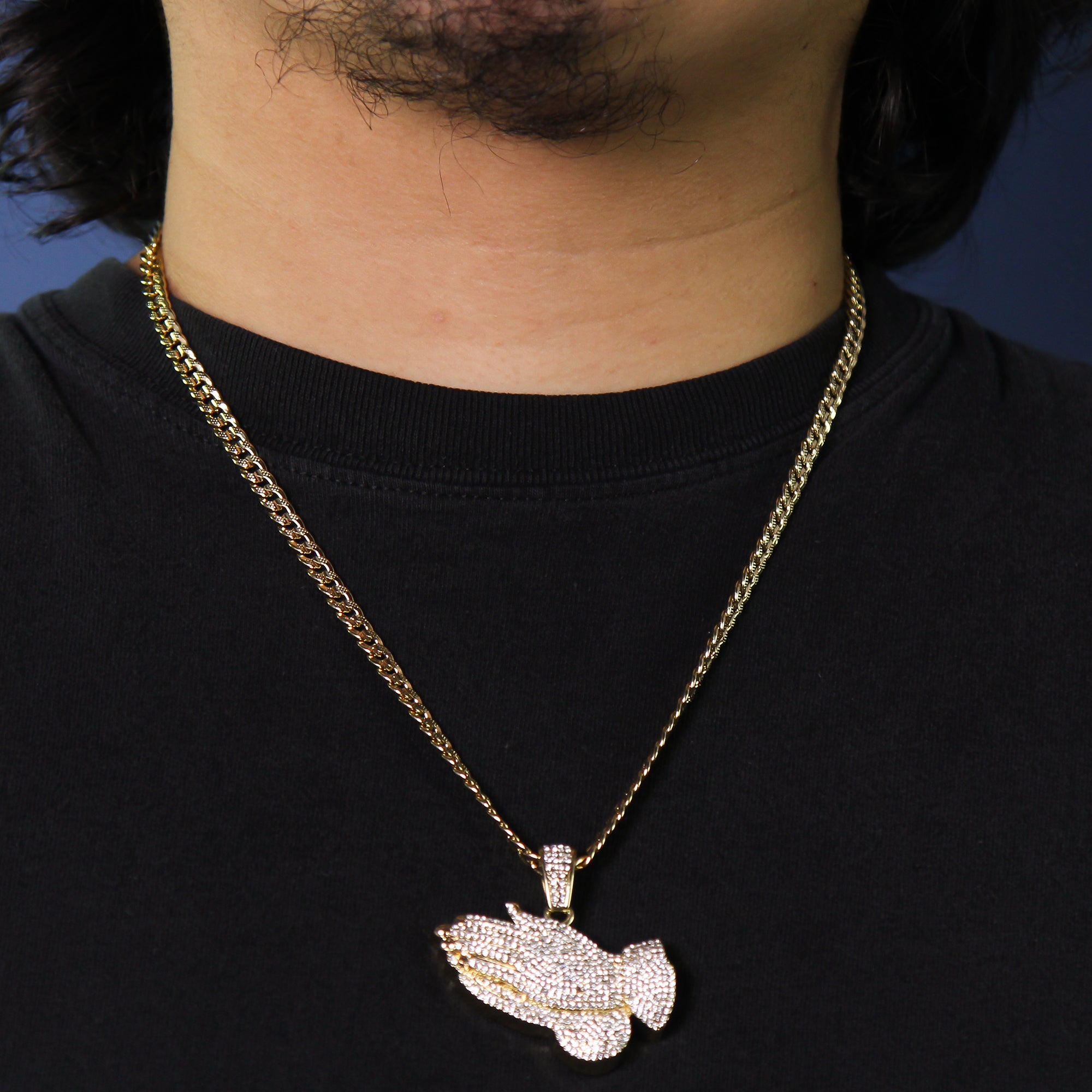 14k Gold Plated Thick Layer Prayer Hands Pendant 24" Frost Cuban Chain