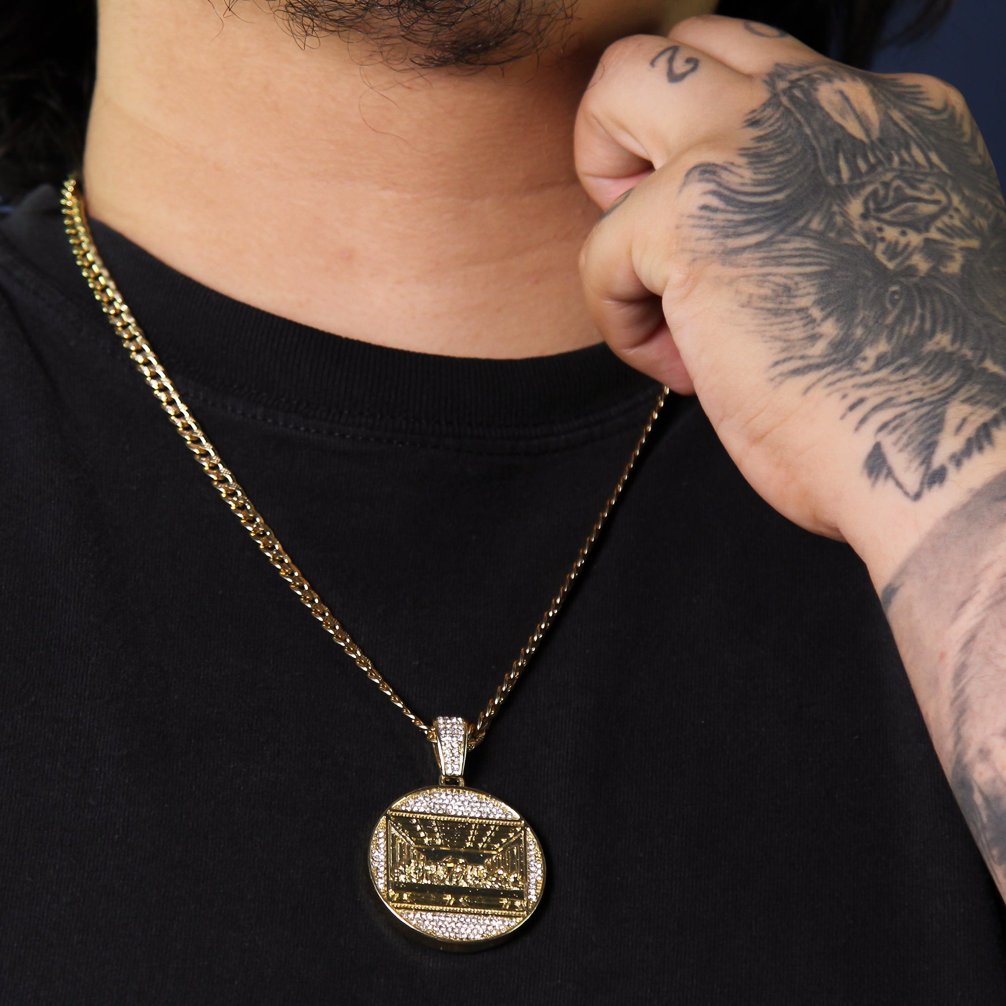 14k Gold Plated Thick Layer Round Last Supper Pendant 24" Frost Cuban Chain