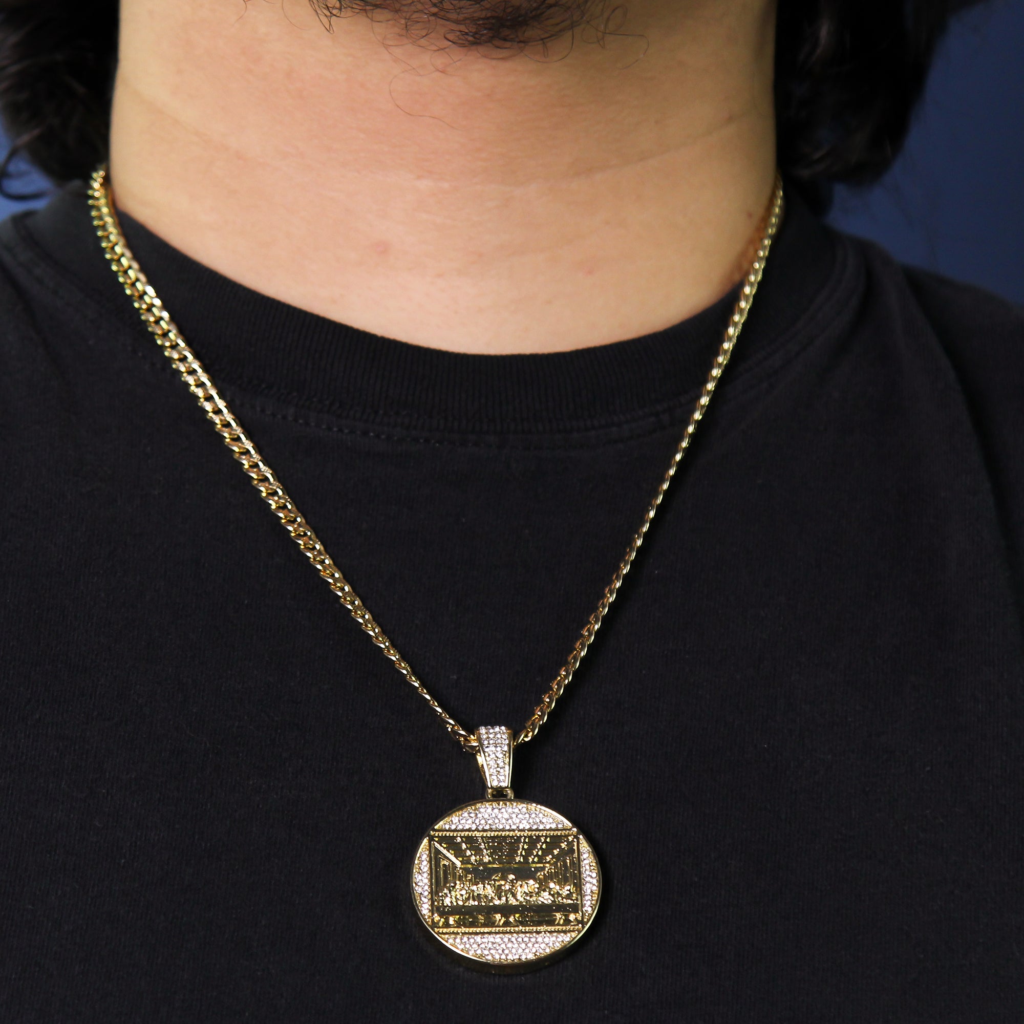 14k Gold Plated Thick Layer Round Last Supper Pendant 24" Frost Cuban Chain