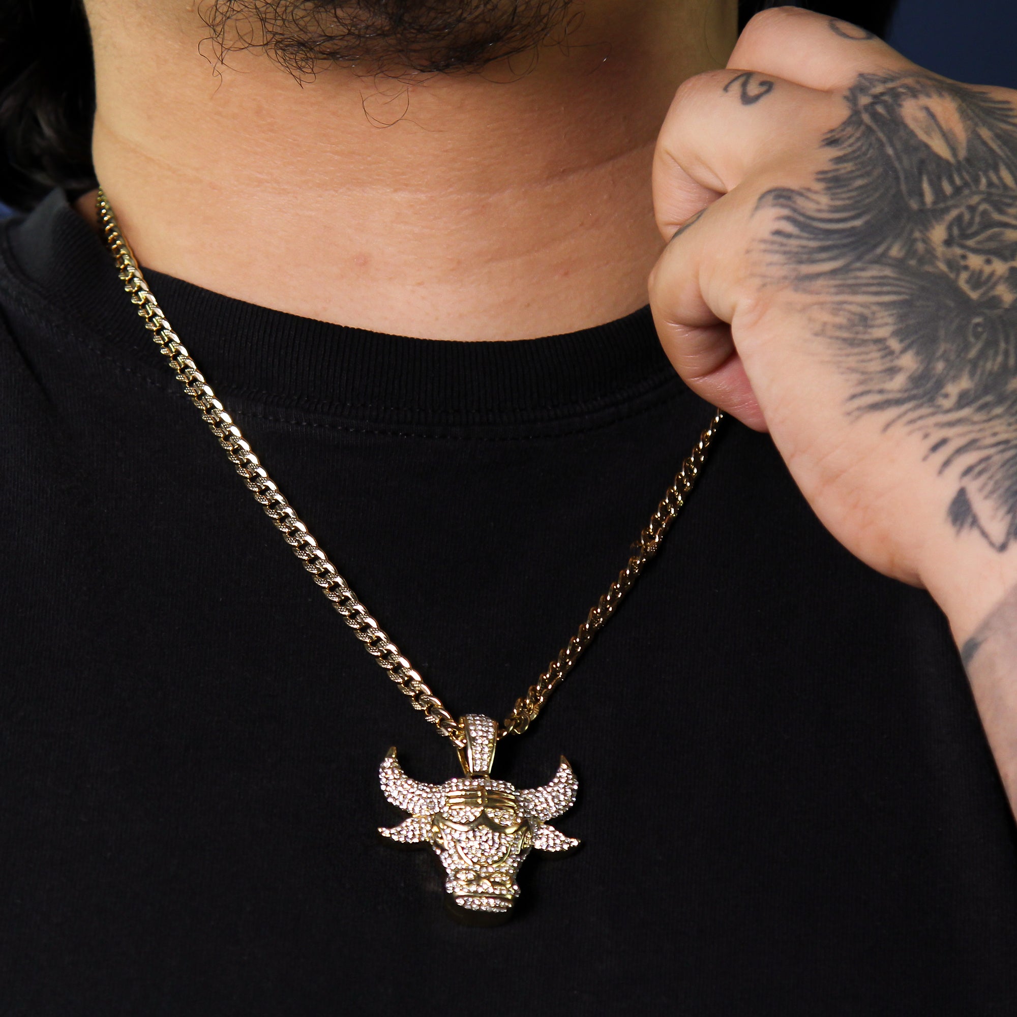 14k Gold Plated Thick Layer Bull Pendant 24" Frost Cuban Chain Necklace