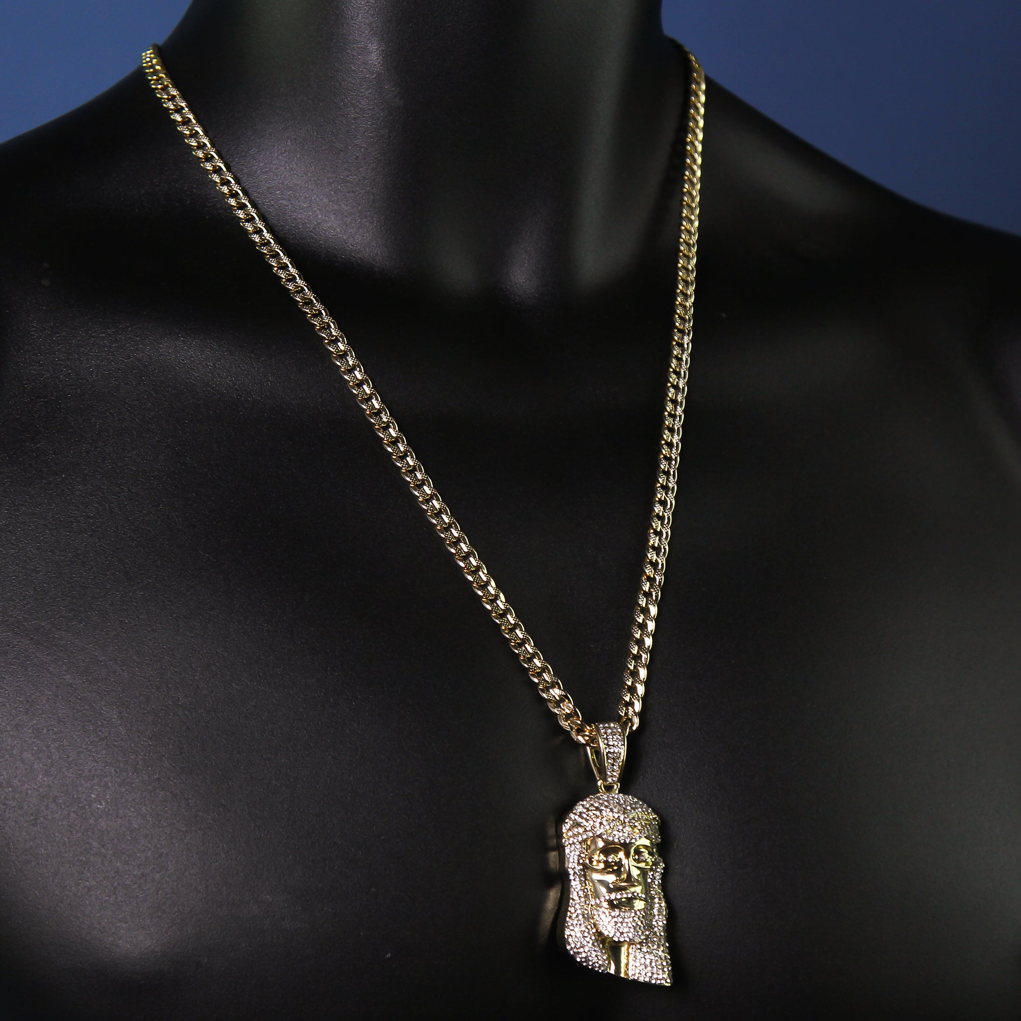 14k Gold Plated Thick Layer Cz Jesus Face Pendant 24" Frost Cuban Chain