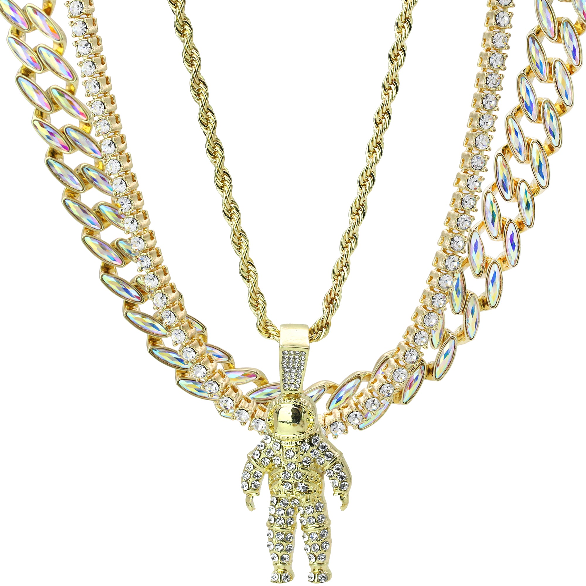 High Fashion Gold Plated AB Cuban Tennis Chains & Cz Space Man Astronaut Pendant