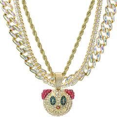 High Fashion Gold Plated AB Cuban Tennis Chains & Fully Cz Clown Pendant