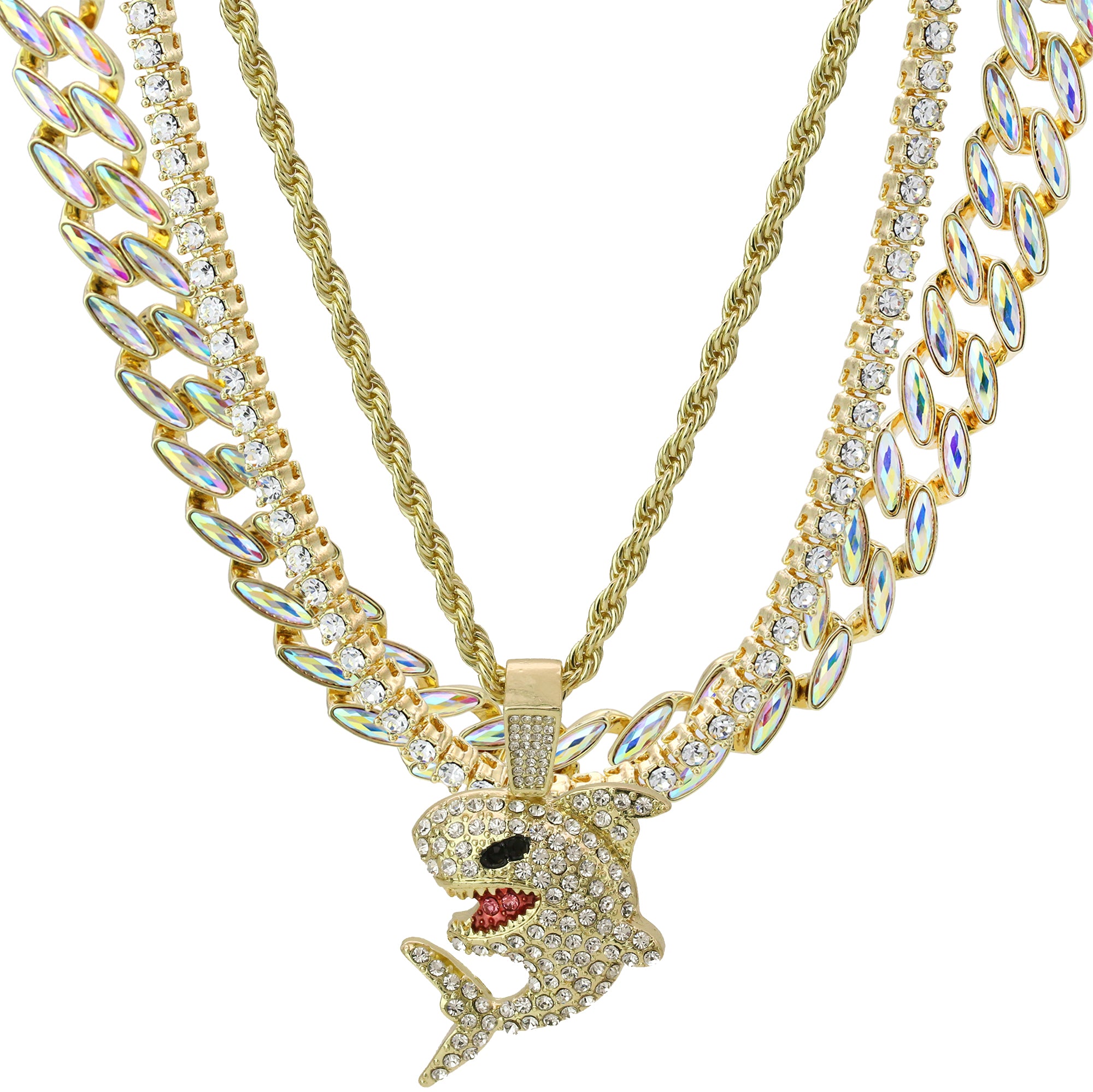 High Fashion Gold Plated AB Cuban Tennis Chains & Fully Cz Shark Flooded Pendant
