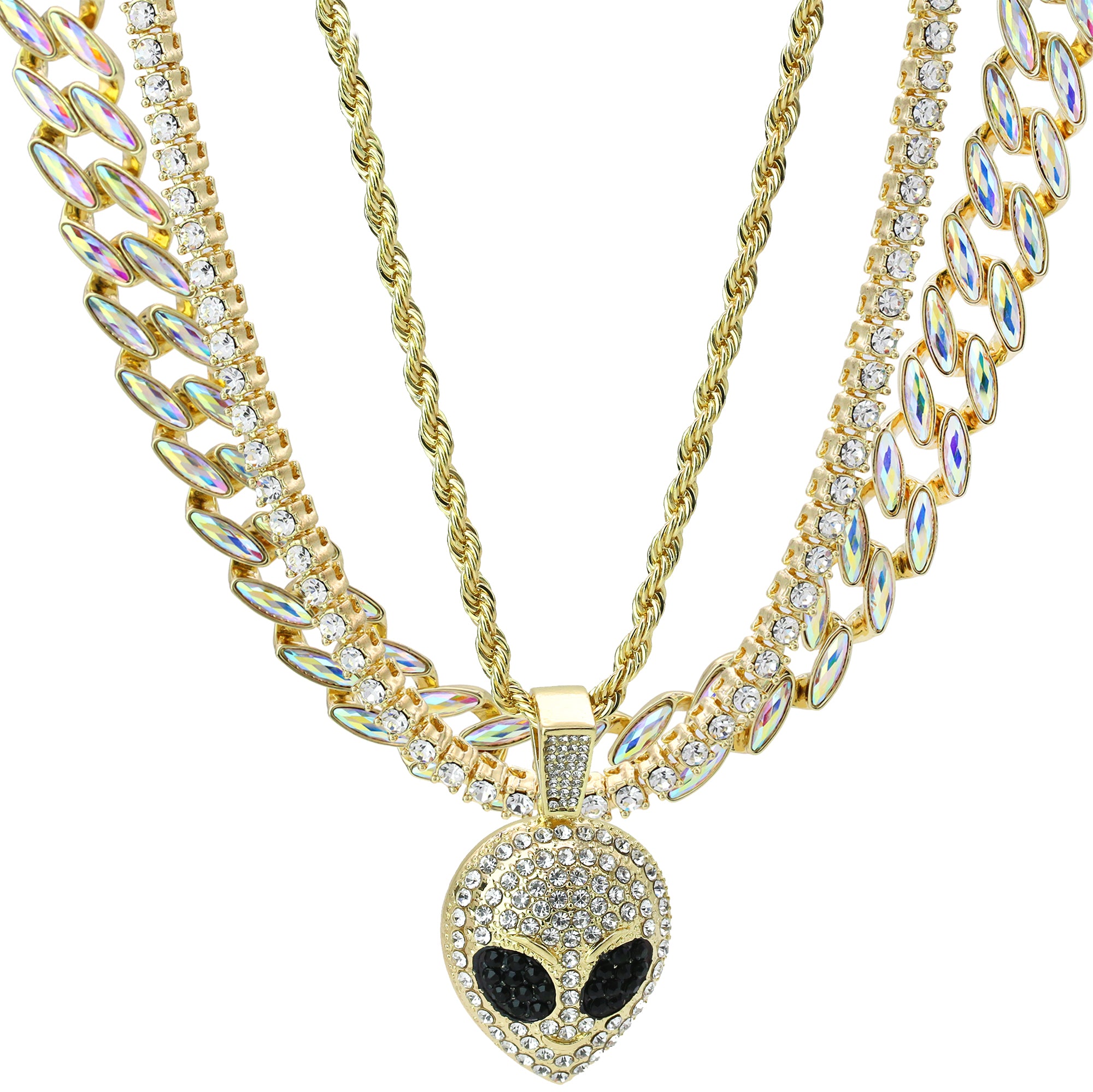 High Fashion Gold Plated AB Cuban Tennis Chains & Cz Alien Head Pendant