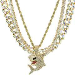 High Fashion Gold Plated AB Cuban Tennis Chains & Fully Cz Shark Flooded Pendant