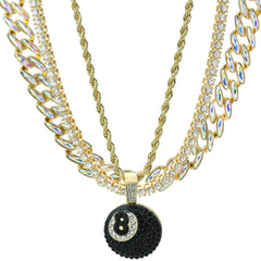 High Fashion Gold Plated AB Cuban Tennis Chains & Cz #8 Ball Pendant