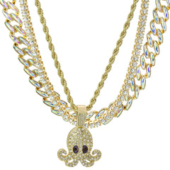 High Fashion Gold Plated AB Cuban Tennis Chains & Cz Purple Eye Squid Pendant