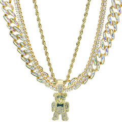 High Fashion Gold Plated AB Cuban Tennis Chains & Cz Bear Tie Pendant