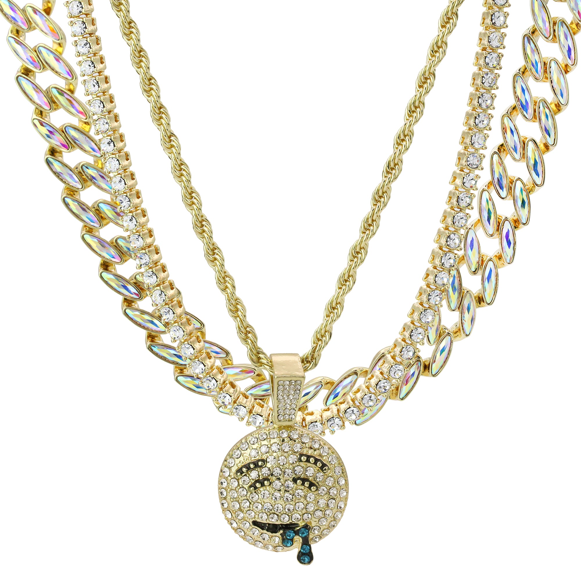 High Fashion Gold Plated AB Cuban Tennis Chains & Cz Lit Emoji Drip Pendant