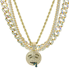 High Fashion Gold Plated AB Cuban Tennis Chains & Cz Lit Emoji Drip Pendant