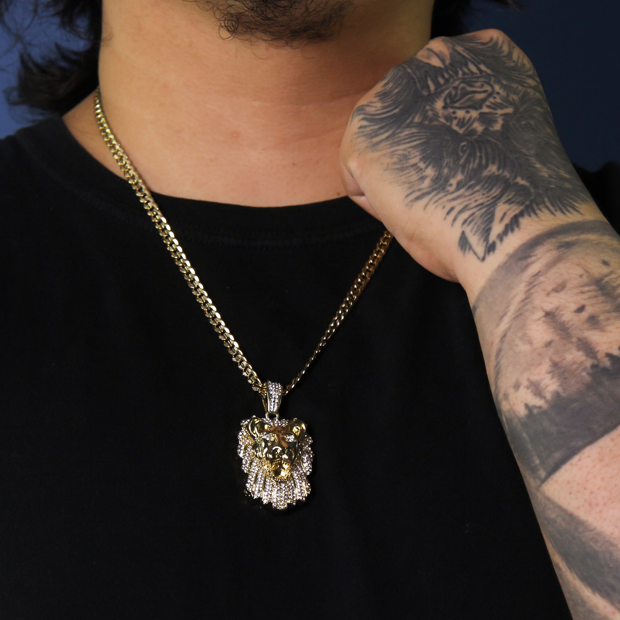 14k Gold Plated Thick Layer Cz Lion Head Pendant 24" Frost Cuban Chain