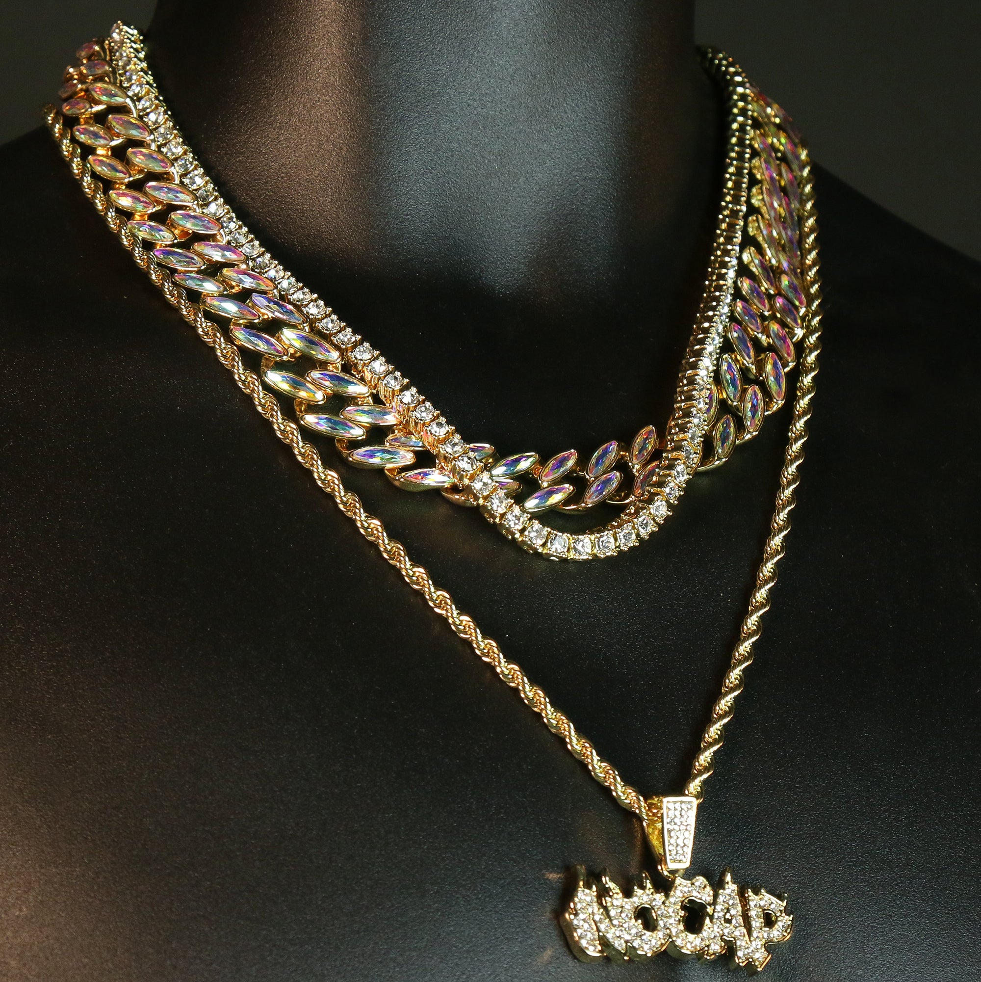 Gold Plated High Fashion AB Cuban Tennis Choker Chains & NO CAP Cz Letter Pendant
