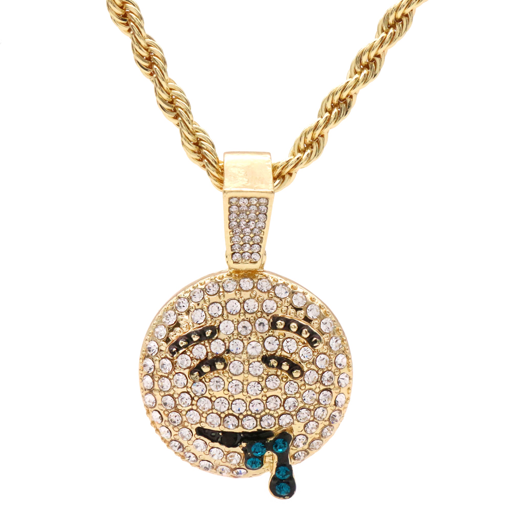 Lit Emoji Face Fully Iced Pendant 24" Inch 4mm Rope Chain