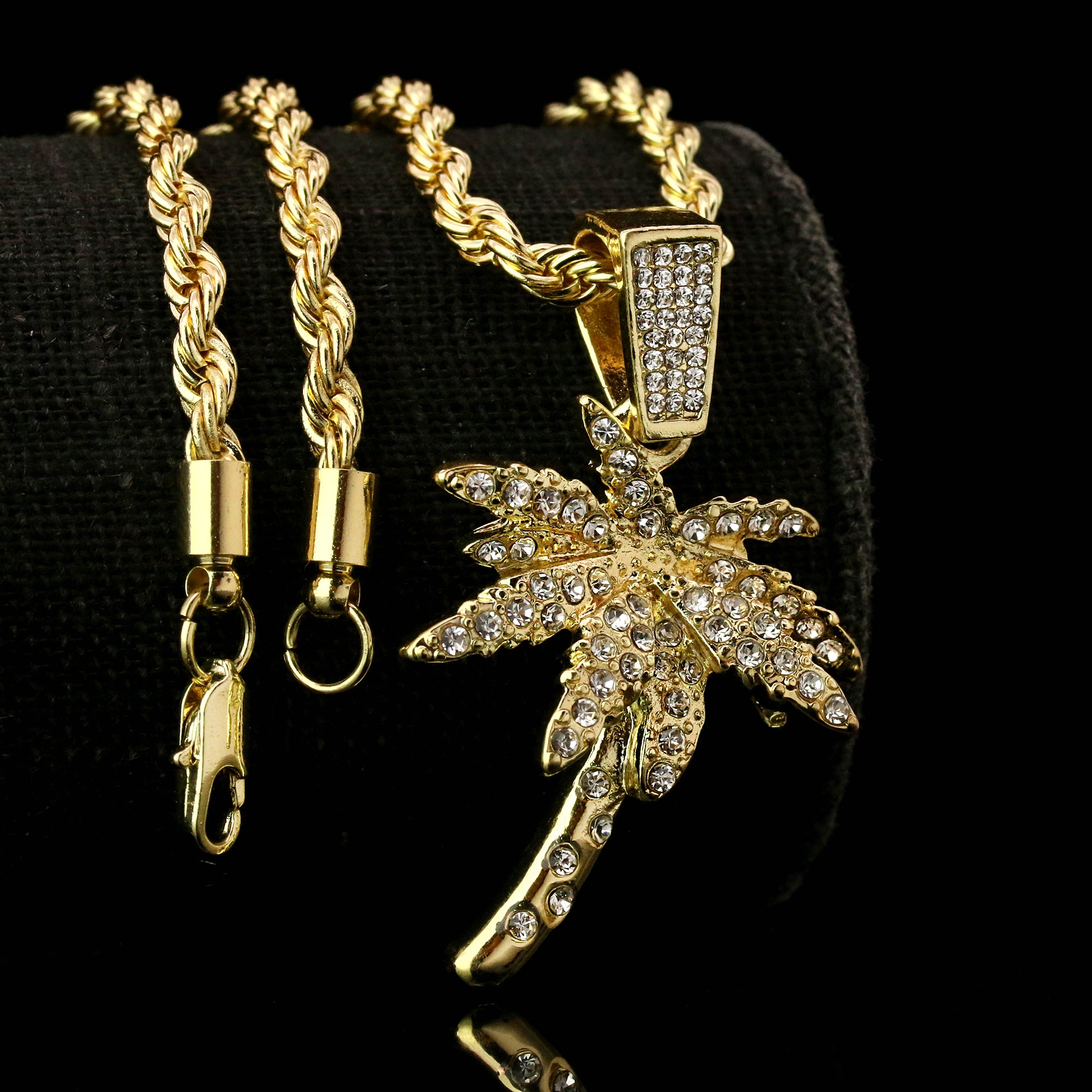 Palm Tree Iced Pendant 14K Gold 24" Inch 4mm Rope Choker Chain