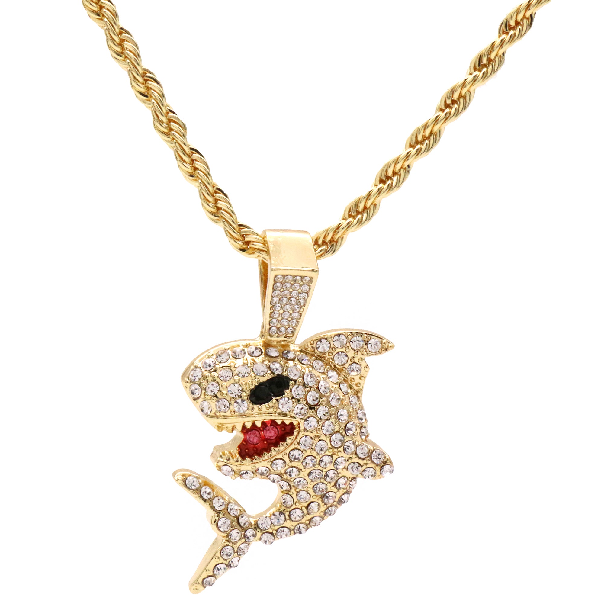 Shark Fully Iced Pendant 24" Inch 4mm Rope Chain