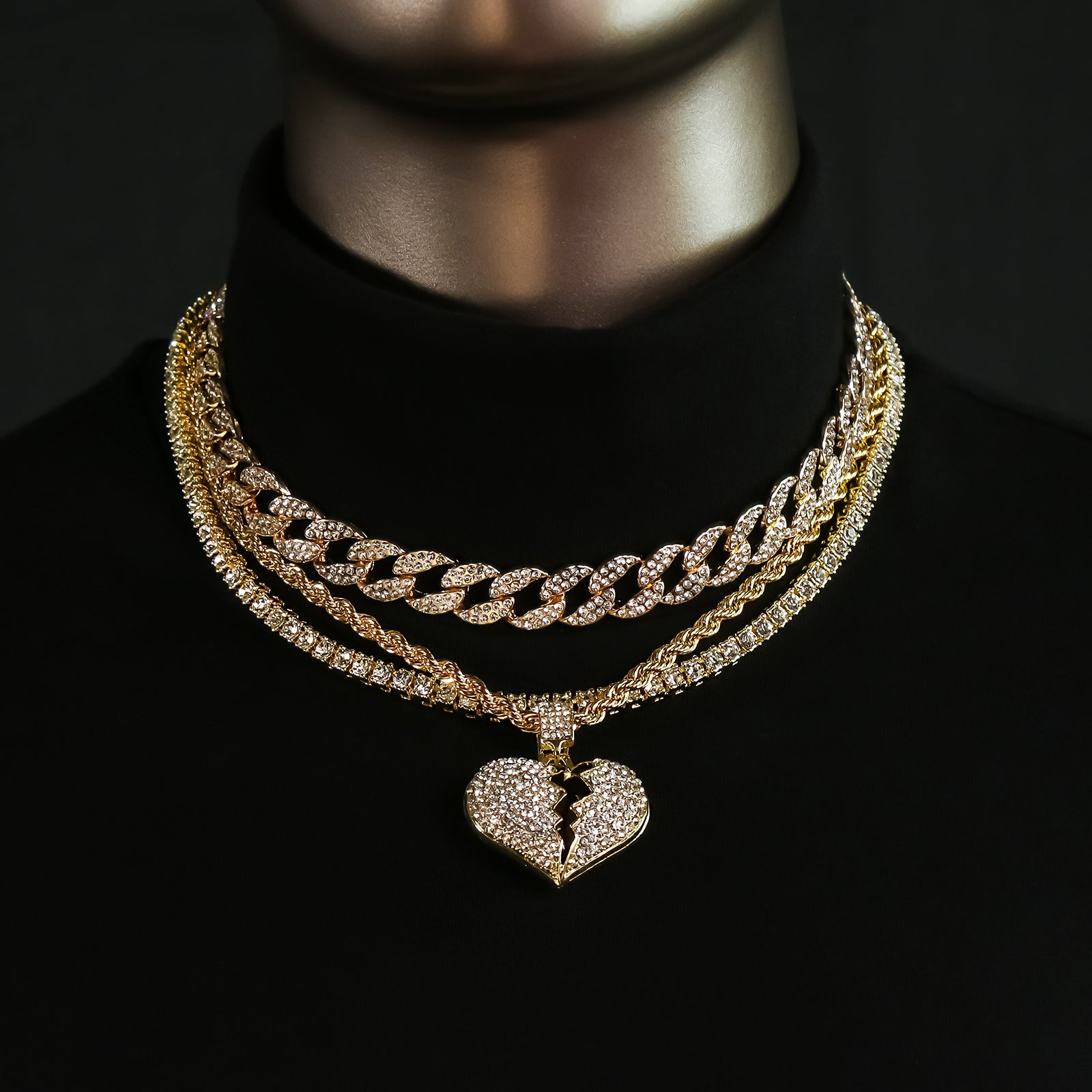 Broken Heart 4 Pcs Set Clear Cz Cuban, Tennis & Rope Chain Bundle Gold PT