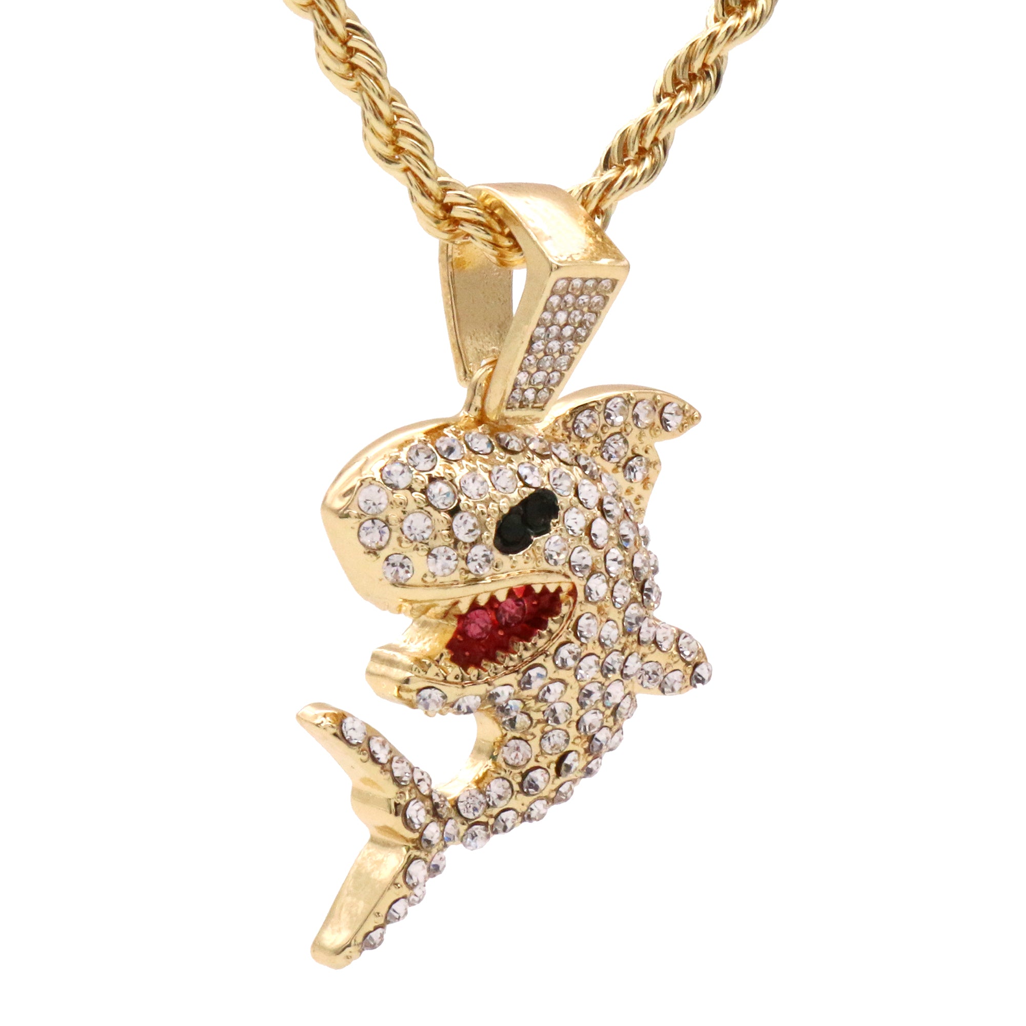 Shark Fully Iced Pendant 24" Inch 4mm Rope Chain