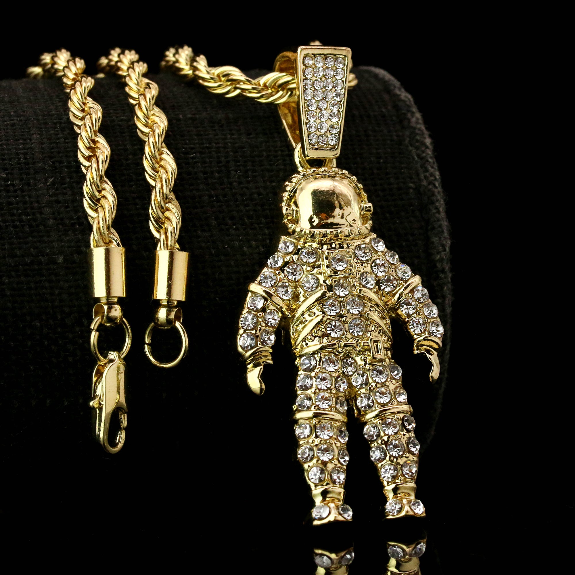 Space Man Iced Pendant 14K Gold 24" Inch 4mm Rope Choker Chain